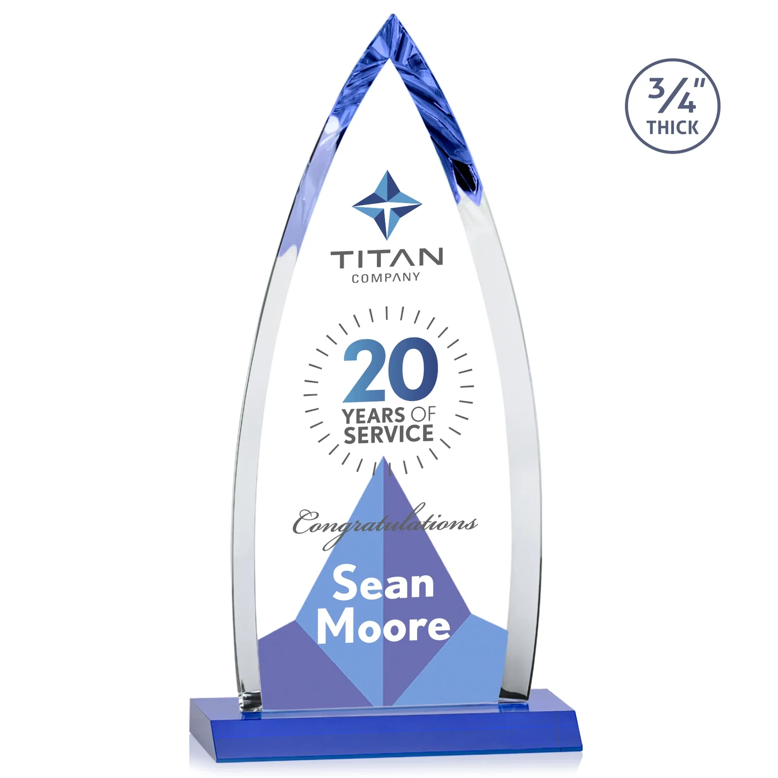 Custom engraved Starfire Crystal Arrowhead Award with Second Etch on Mitered Base, awards for team milestone celebrations