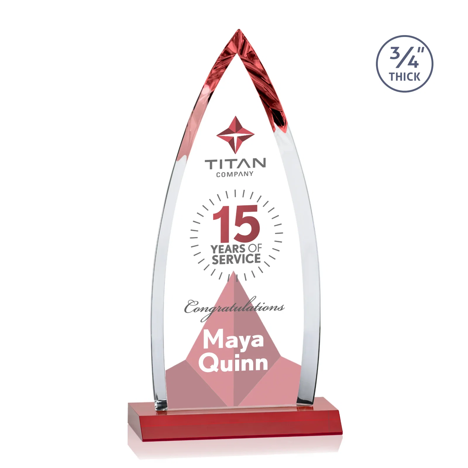 Custom engraved Starfire Crystal Arrowhead Award with Second Etch on Mitered Base, awards for dealer and partner awards