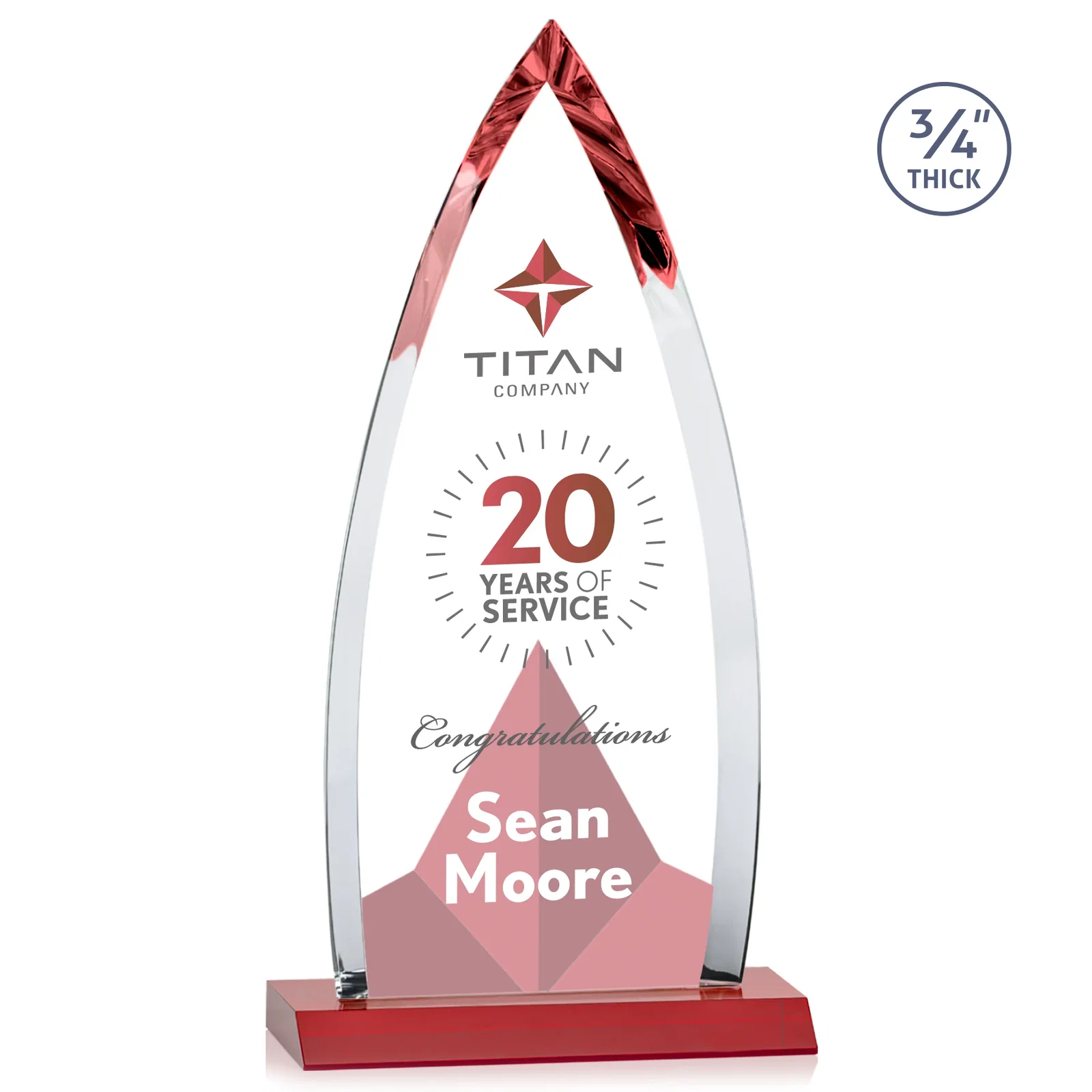 Custom engraved Starfire Crystal Arrowhead Award with Second Etch on Mitered Base, awards for company anniversary events
