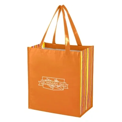 Shiny orange laminated tote with striped side gussets