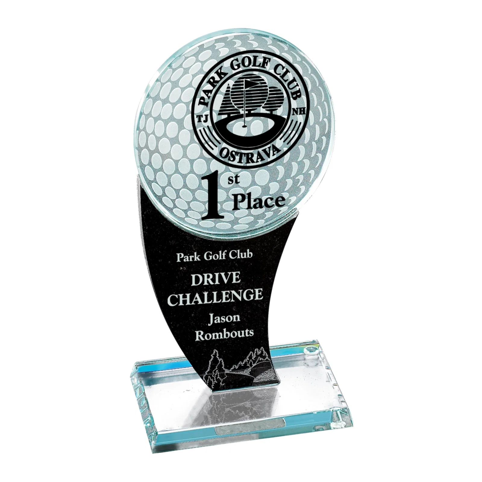 Custom Jade Glass Golf Ball Award with Granite Upright, marble for employee recognition