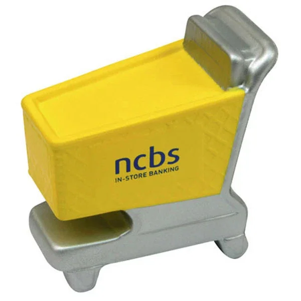 Shopping cart shaped stress reliever with a pad-printed side imprint
