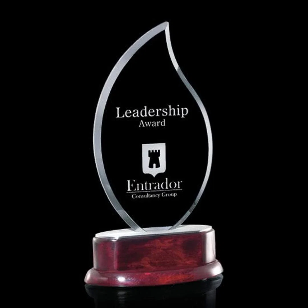 Custom Jade Glass Flame Award on a Rosewood Base for corporate award ceremonies