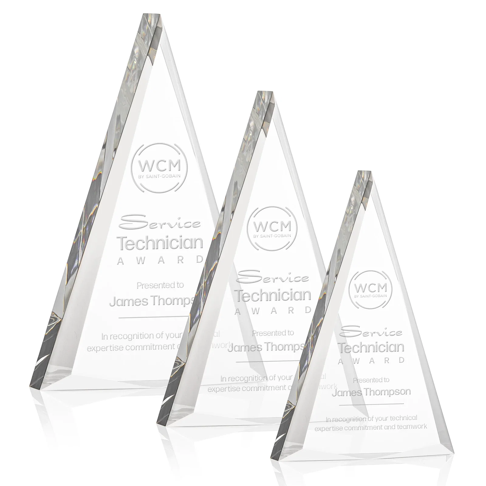 Custom Acrylic Triangle Award with Beveled Edges on All Three Sides for employee recognition