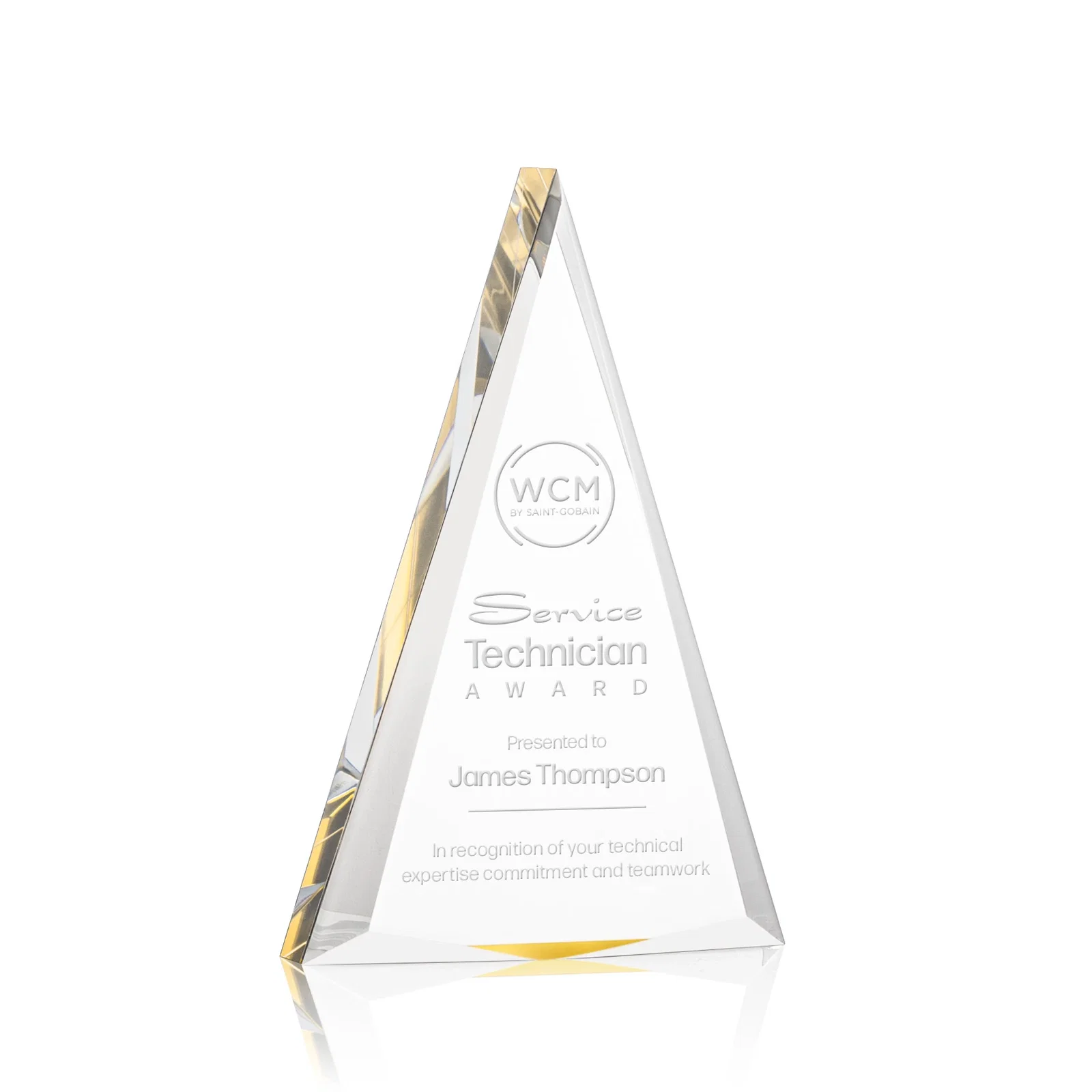 Custom Acrylic Triangle Award with Beveled Edges on All Three Sides for volunteer appreciation