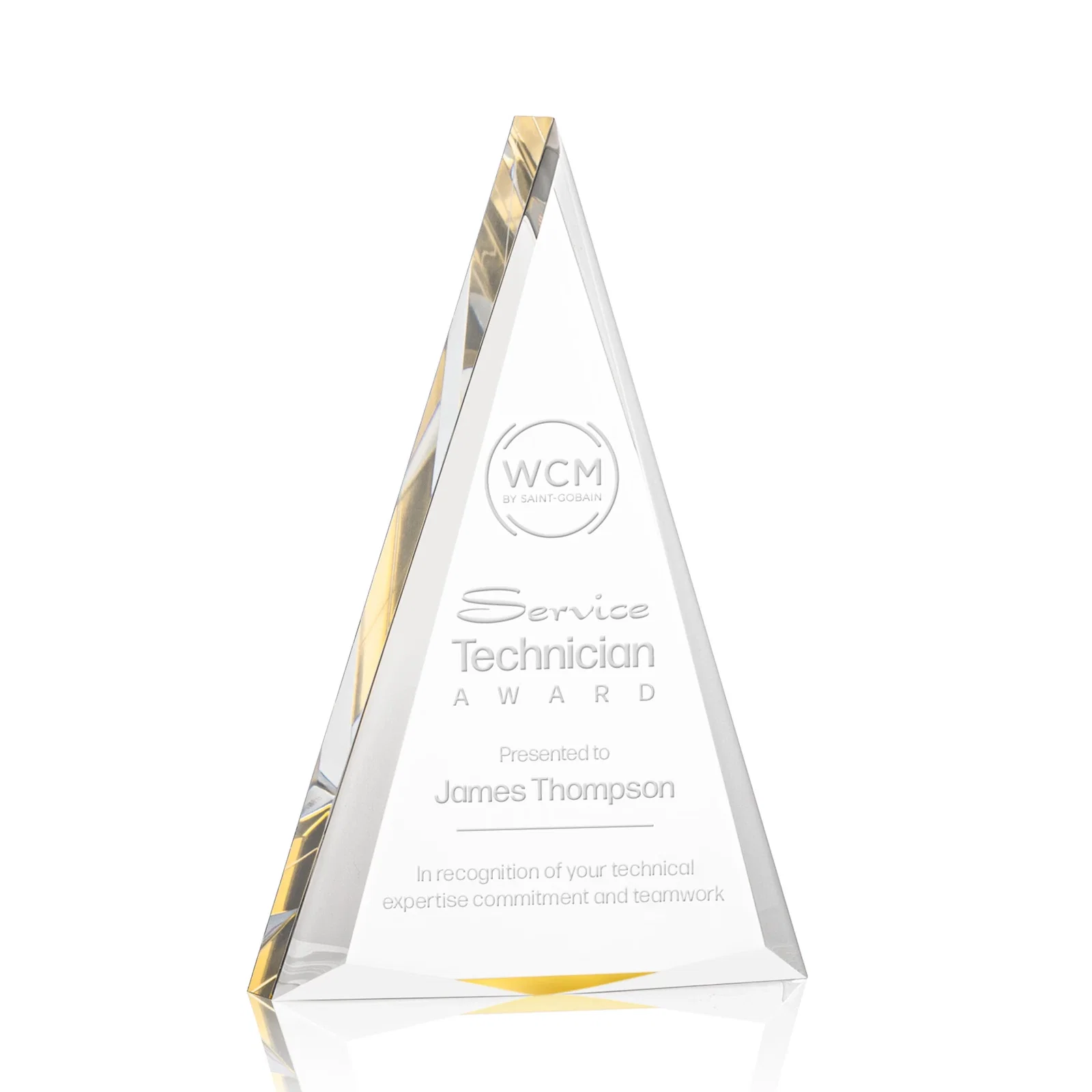 Custom Acrylic Triangle Award with Beveled Edges on All Three Sides for dealer and partner awards