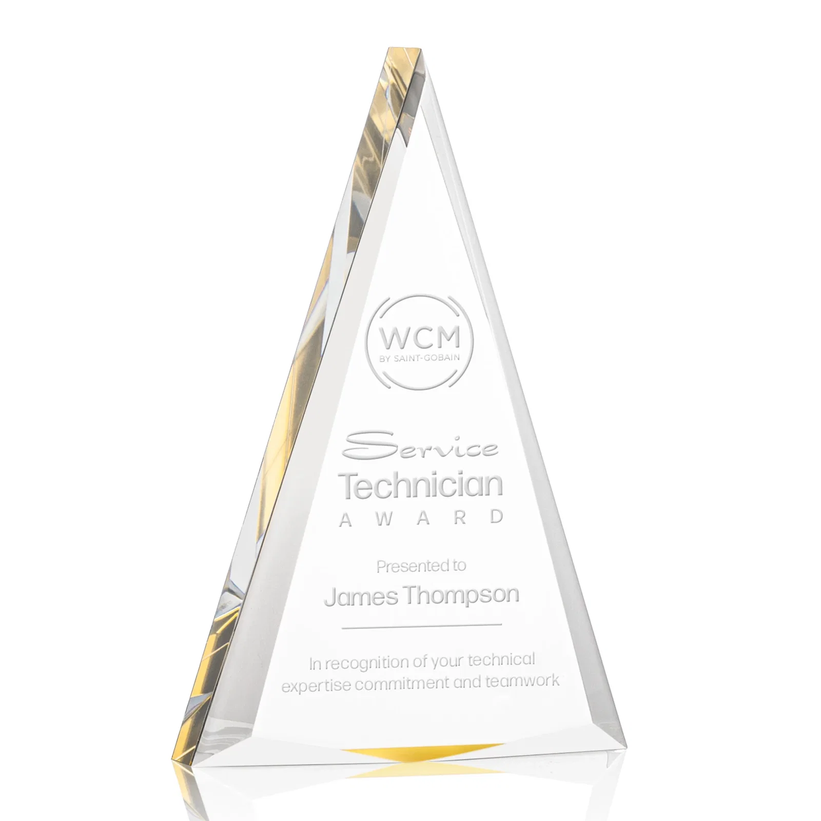 Custom Acrylic Triangle Award with Beveled Edges on All Three Sides for company anniversary events