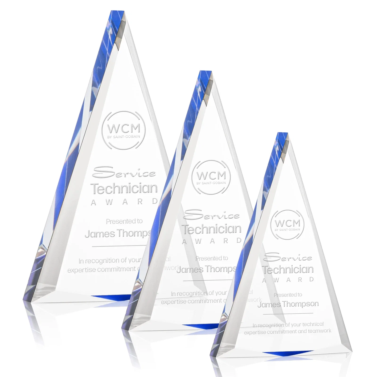 Personalized Acrylic Triangle Award with Beveled Edges on All Three Sides for employee recognition
