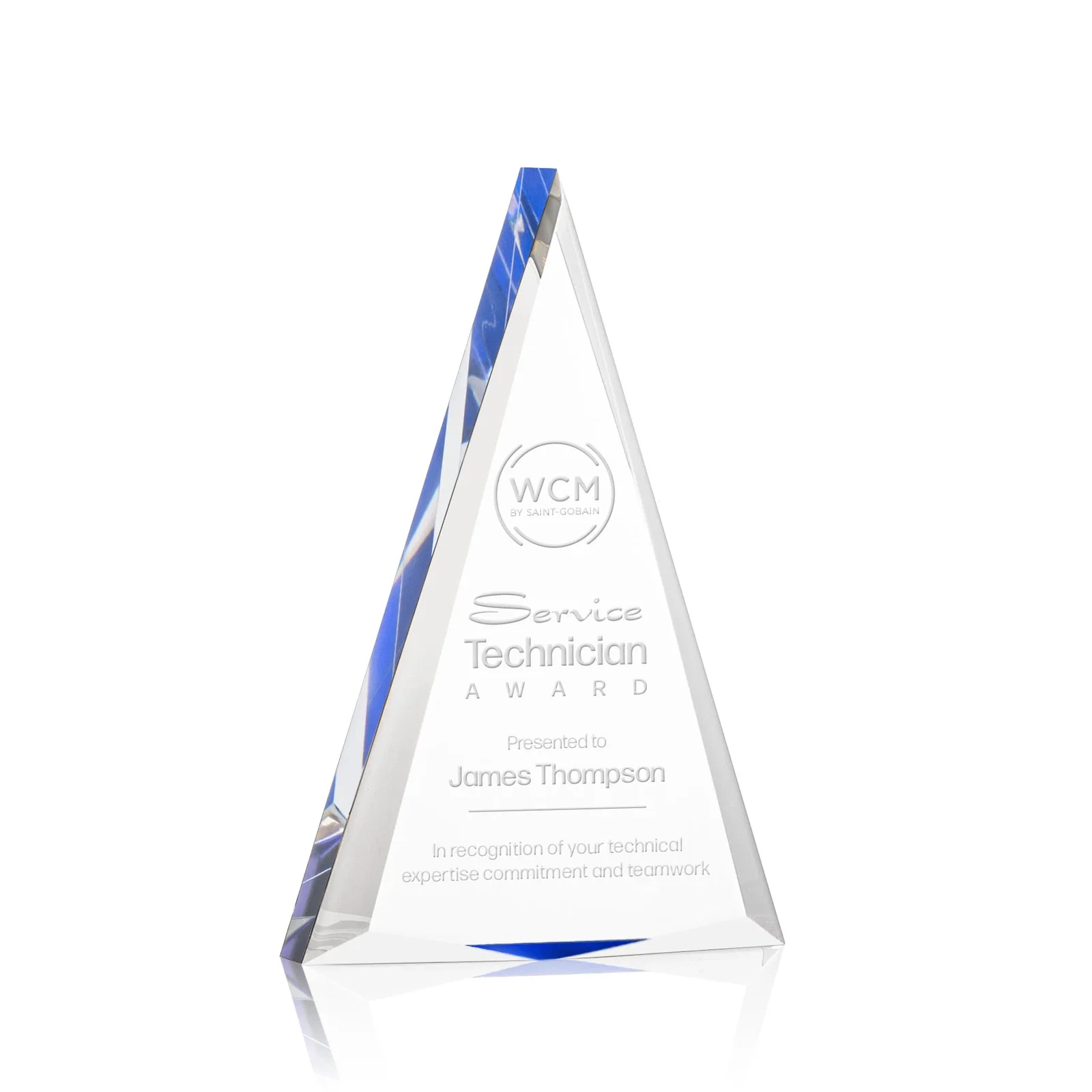 Personalized Acrylic Triangle Award with Beveled Edges on All Three Sides for corporate award ceremonies
