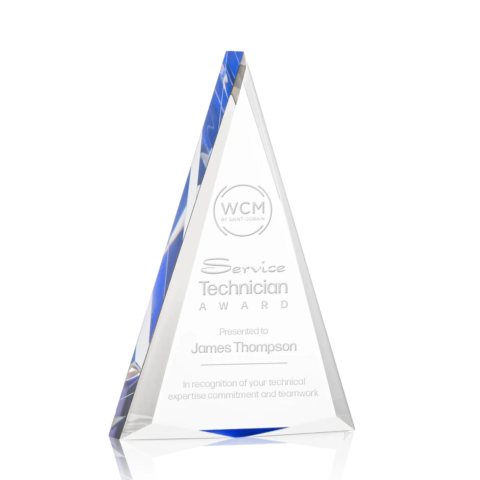 Personalized Acrylic Triangle Award with Beveled Edges on All Three Sides for service anniversary gifts