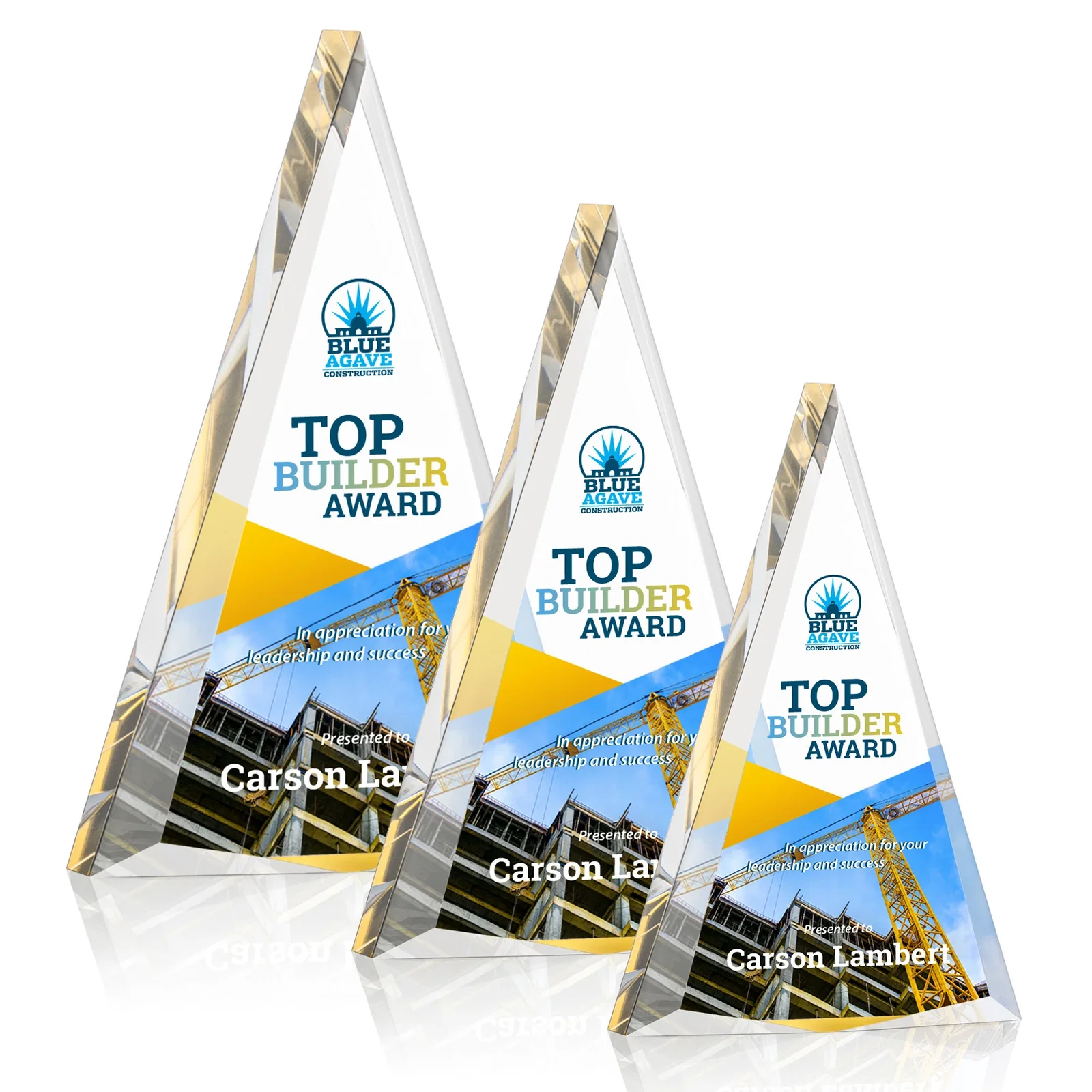 Personalized Acrylic Triangle Award with Beveled Edges on All Three Sides for retirement presentations