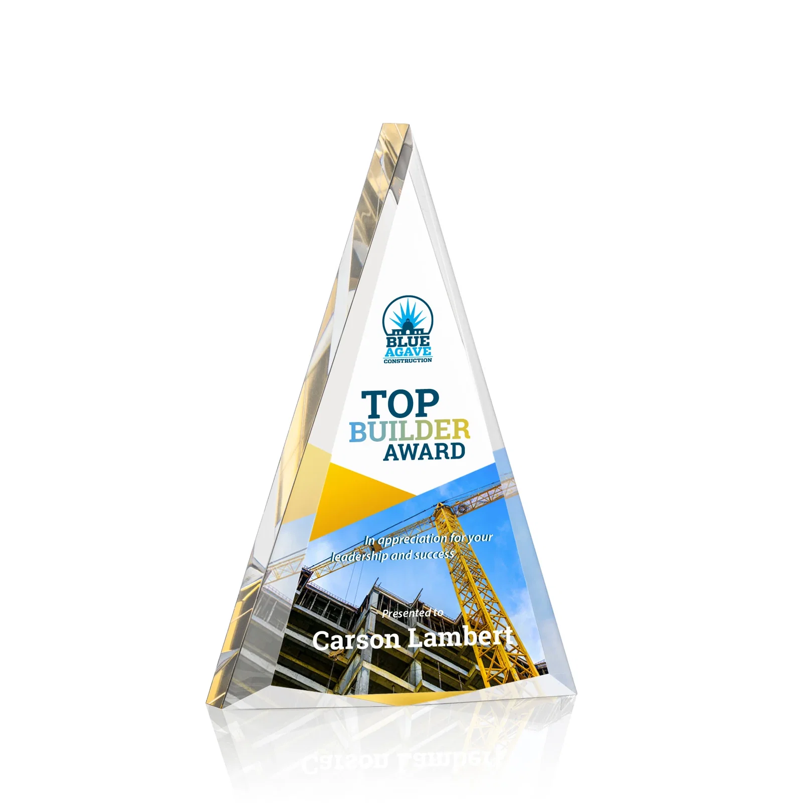 Personalized Acrylic Triangle Award with Beveled Edges on All Three Sides for team milestone celebrations