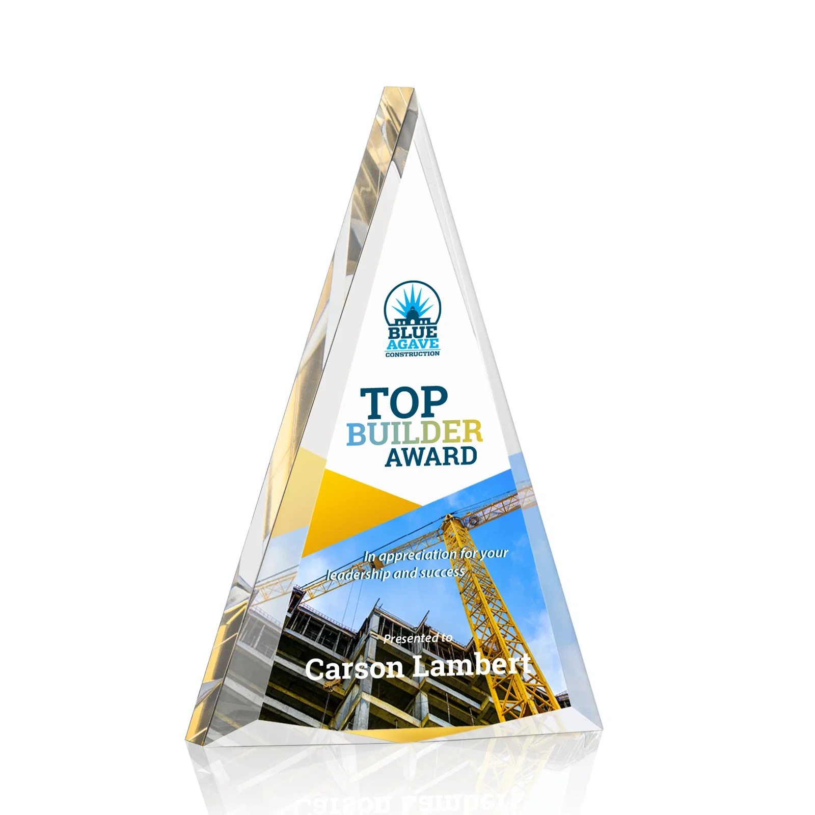 Personalized Acrylic Triangle Award with Beveled Edges on All Three Sides for donor appreciation