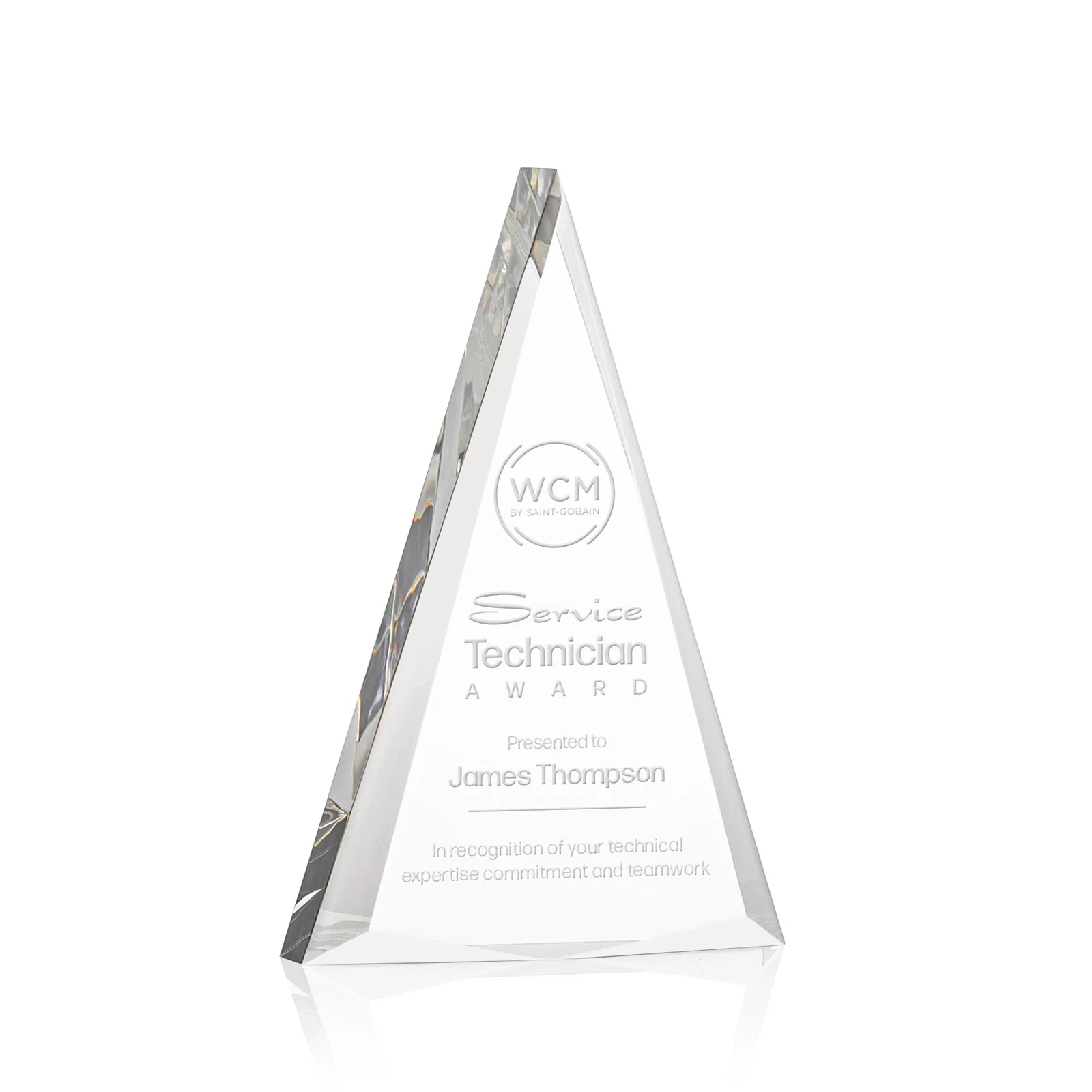 Custom Acrylic Triangle Award with Beveled Edges on All Three Sides for corporate award ceremonies