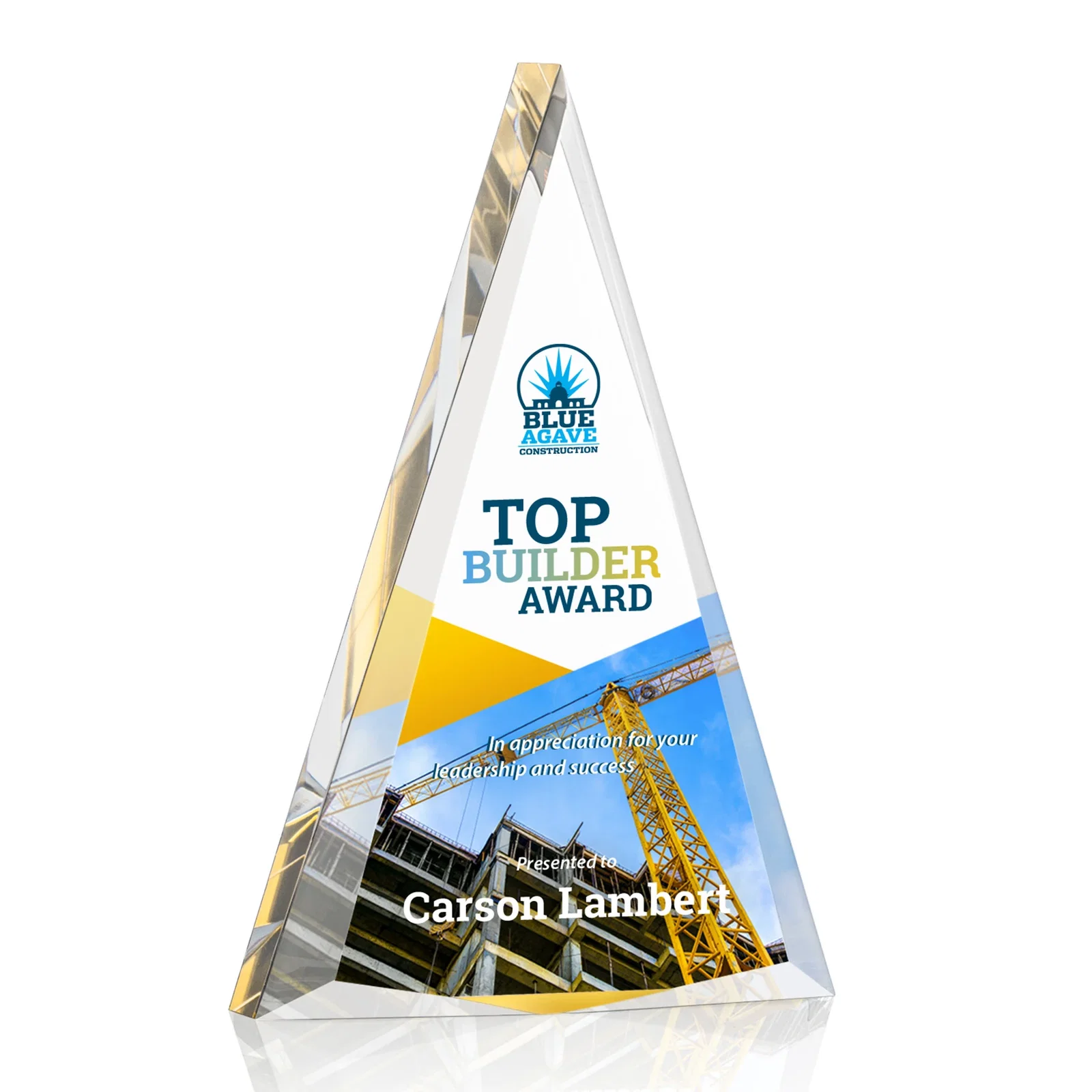 Personalized Acrylic Triangle Award with Beveled Edges on All Three Sides for graduation ceremonies
