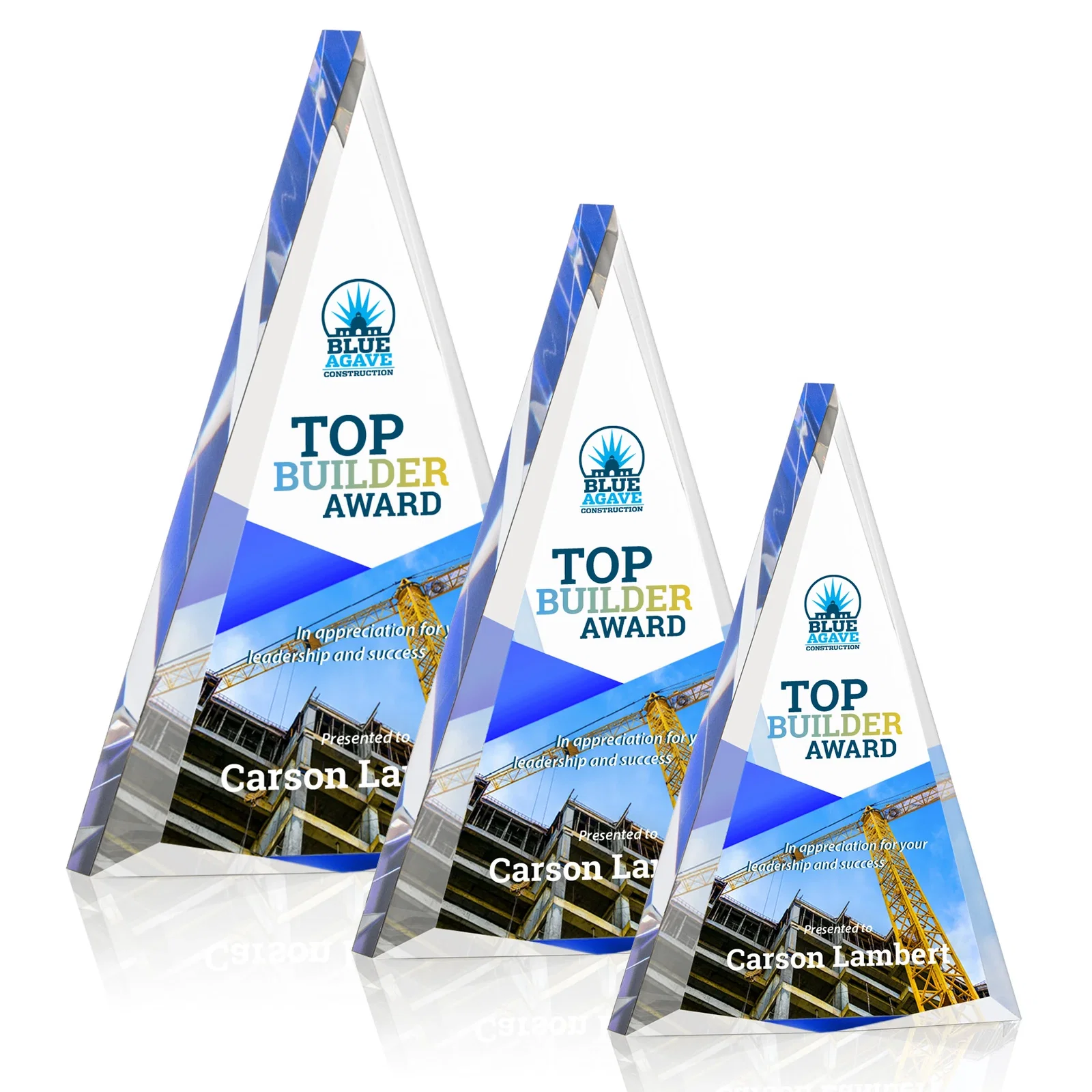 Personalized Acrylic Triangle Award with Beveled Edges on All Three Sides for safety achievement programs
