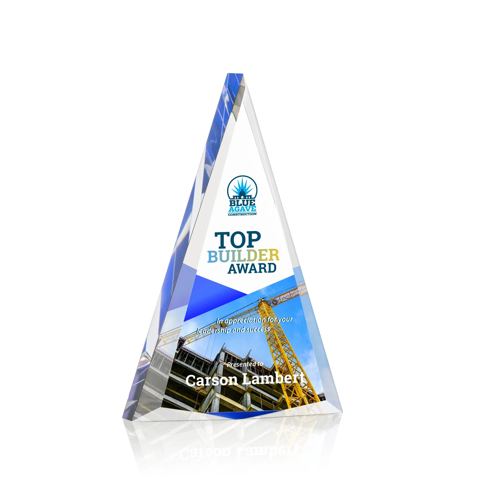 Personalized Acrylic Triangle Award with Beveled Edges on All Three Sides for volunteer appreciation