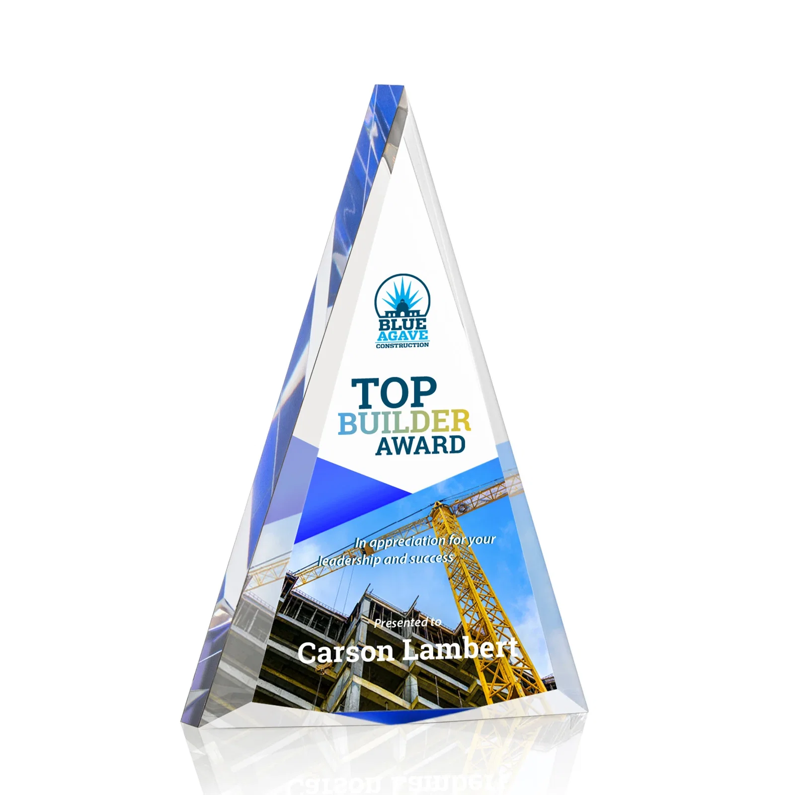 Personalized Acrylic Triangle Award with Beveled Edges on All Three Sides for dealer and partner awards