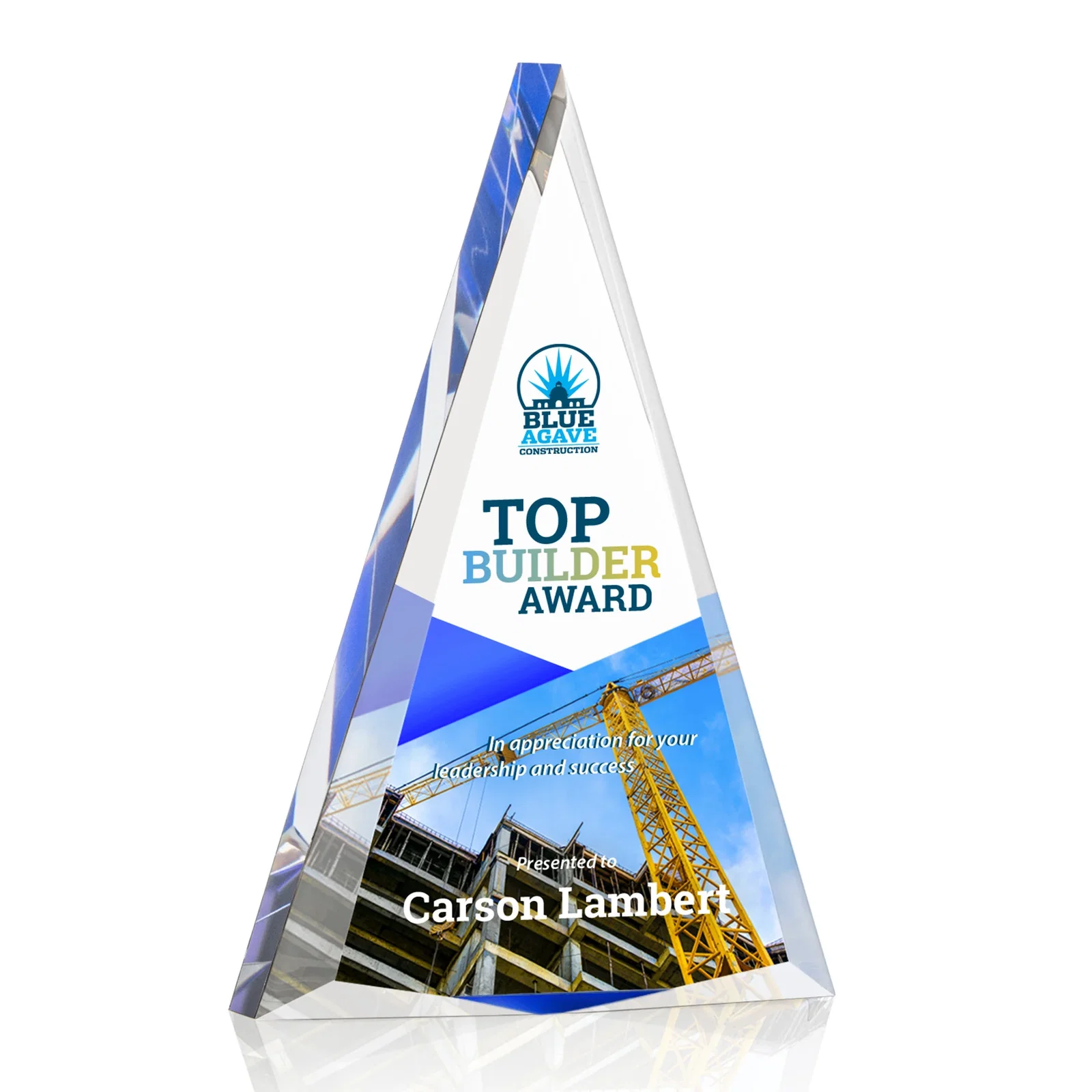 Personalized Acrylic Triangle Award with Beveled Edges on All Three Sides for company anniversary events