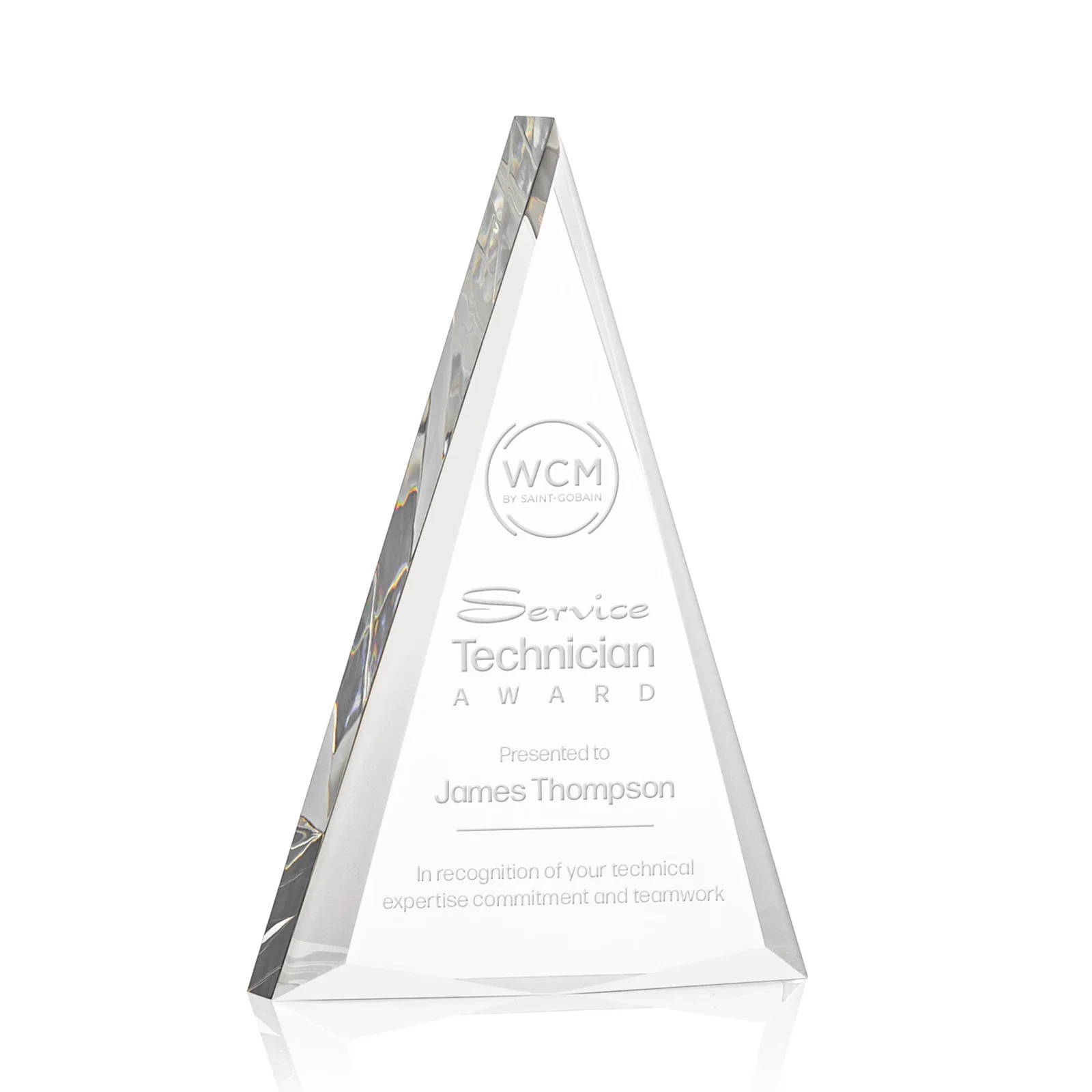 Custom Acrylic Triangle Award with Beveled Edges on All Three Sides for service anniversary gifts