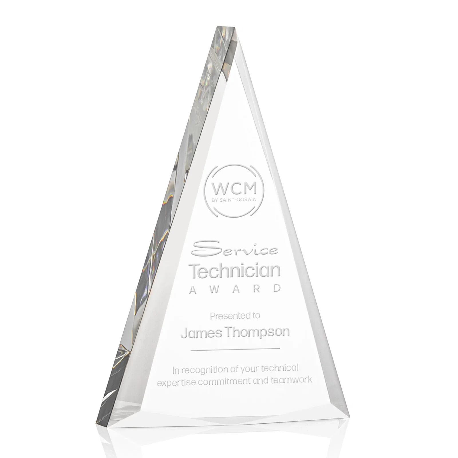 Custom Acrylic Triangle Award with Beveled Edges on All Three Sides for sales achievement awards