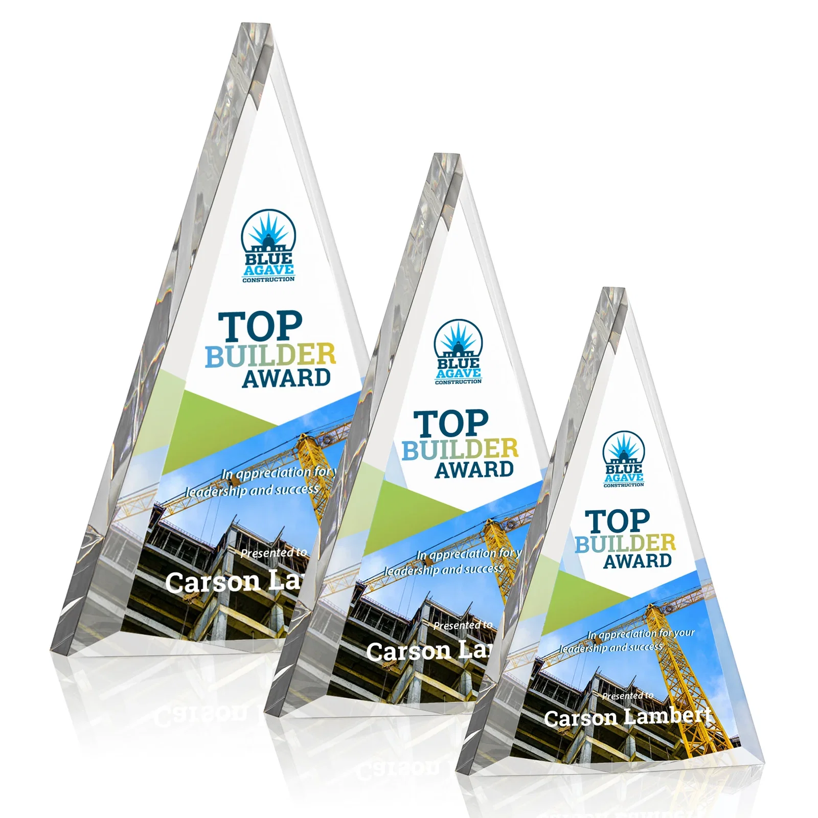 Custom Acrylic Triangle Award with Beveled Edges on All Three Sides for retirement presentations