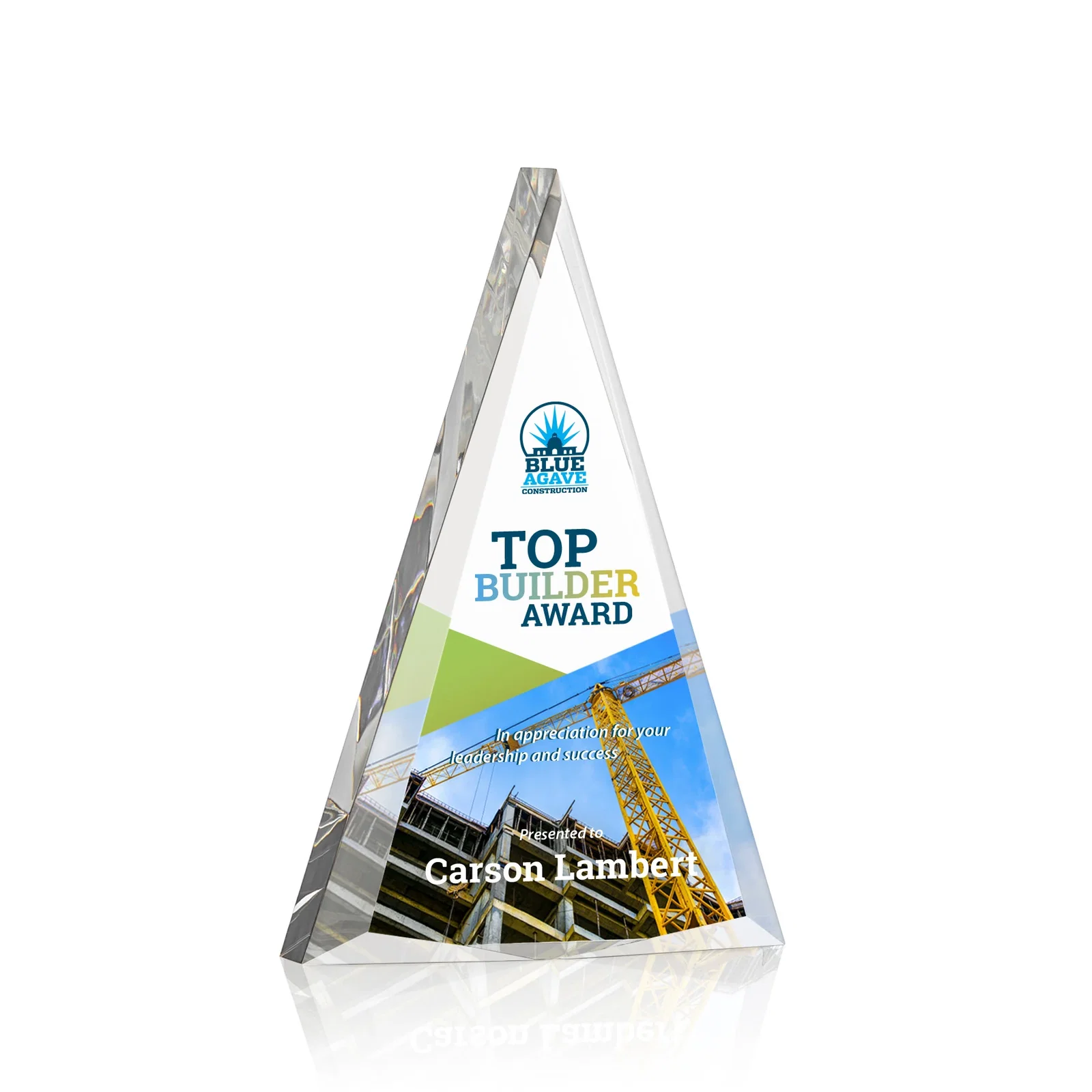 Custom Acrylic Triangle Award with Beveled Edges on All Three Sides for team milestone celebrations