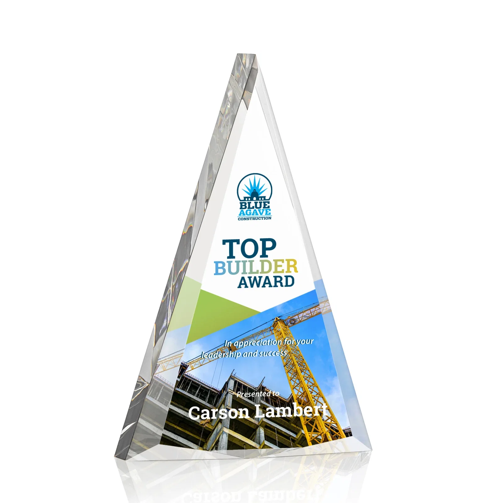 Custom Acrylic Triangle Award with Beveled Edges on All Three Sides for donor appreciation
