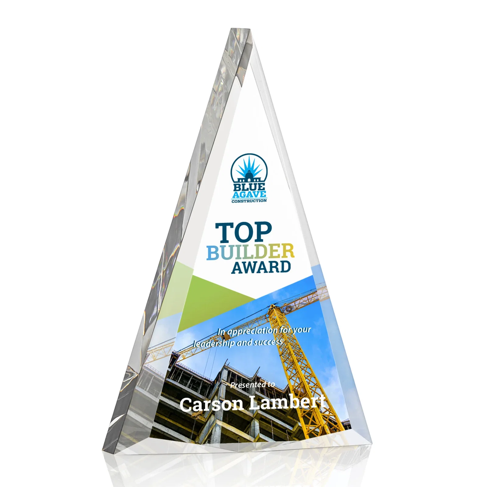 Custom Acrylic Triangle Award with Beveled Edges on All Three Sides for graduation ceremonies