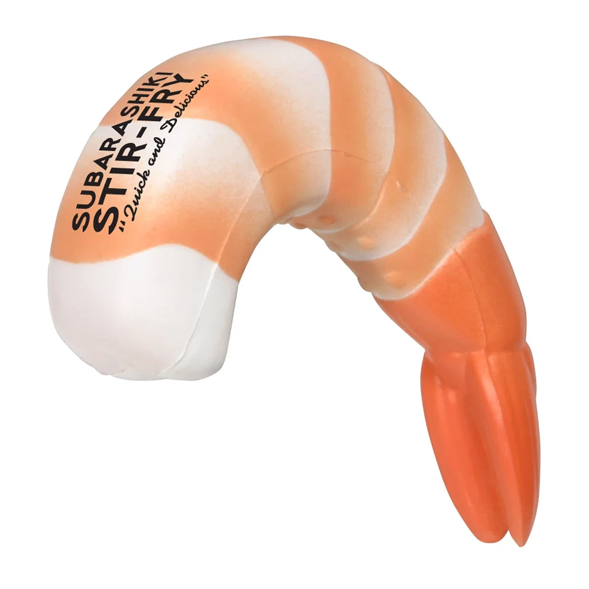 Shrimp shaped polyurethane stress reliever with pad-printed top and side imprints