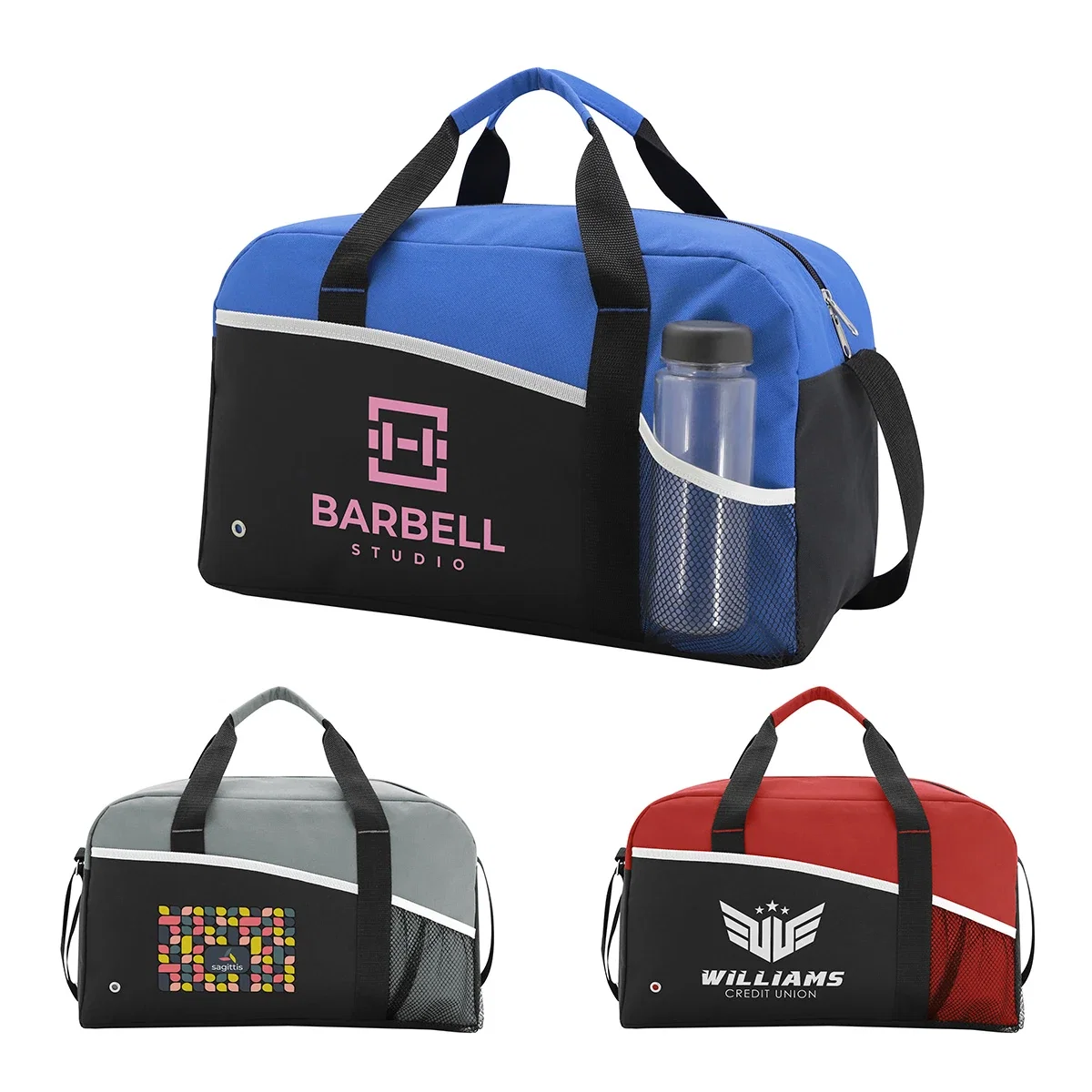 Custom Sideline Polyester Duffel Bag, front view of the branded duffel