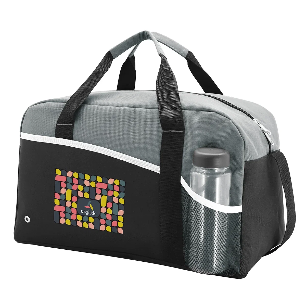 Side profile of the promotional Sideline Polyester Duffel Bag showing the shoulder strap