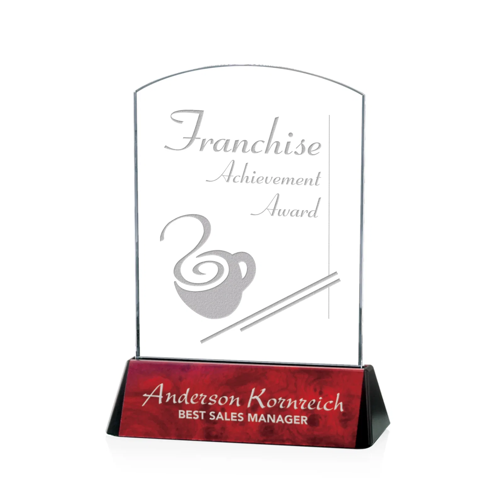 Custom Starfire Crystal Arch Award on a Black Aluminum Base, wood awards for volunteer appreciation