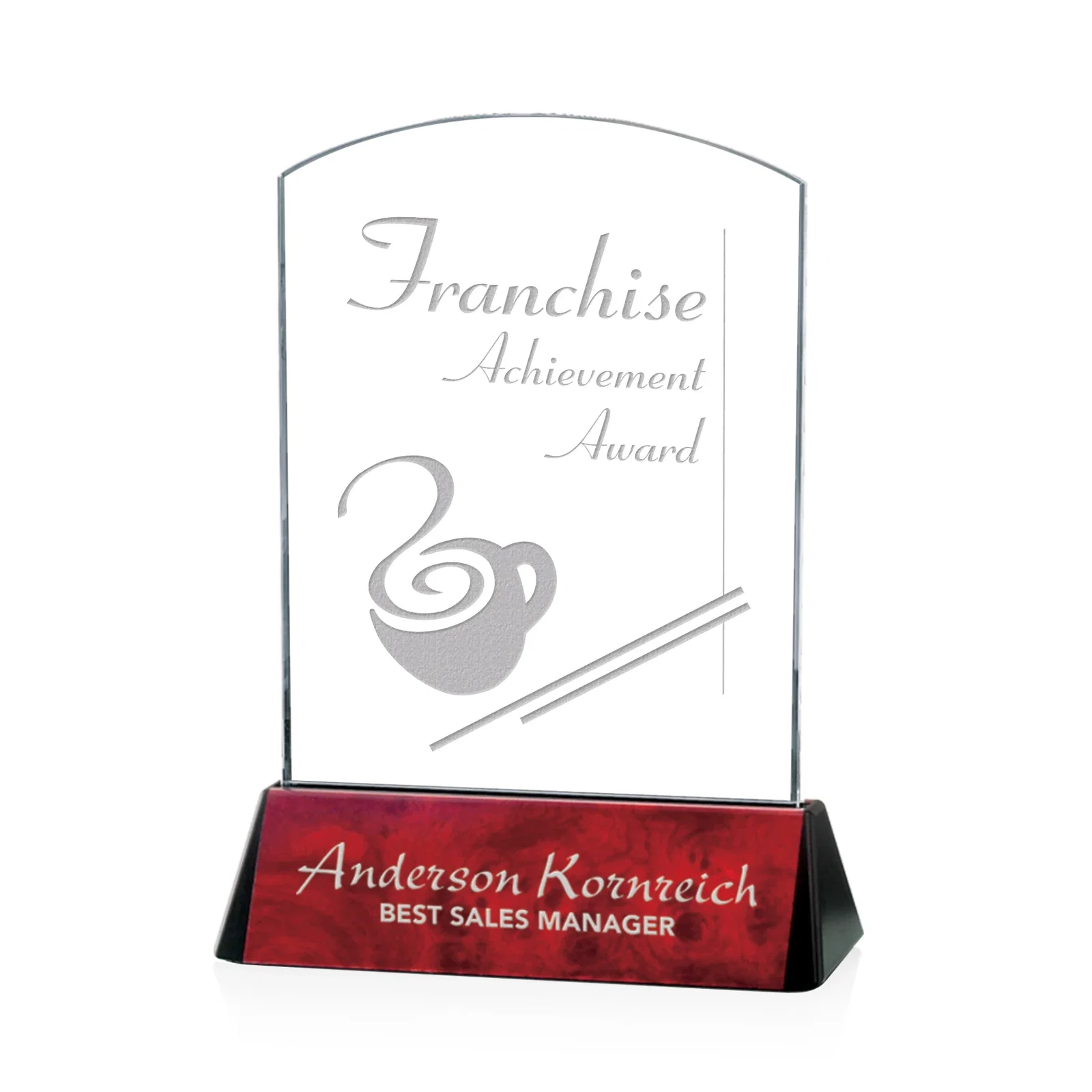 Custom Starfire Crystal Arch Award on a Black Aluminum Base, wood awards for dealer and partner awards
