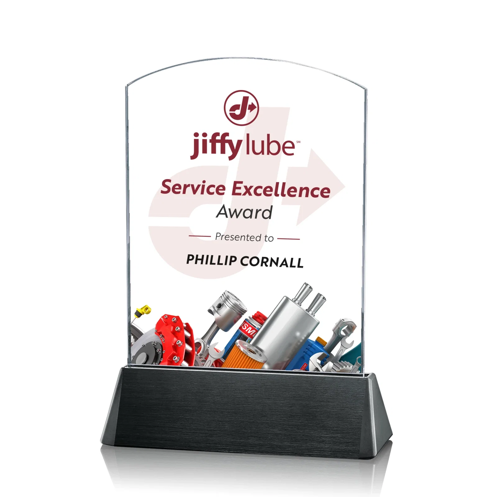 Custom Starfire Crystal Arch Award on a Black Aluminum Base, wood awards for service anniversary gifts