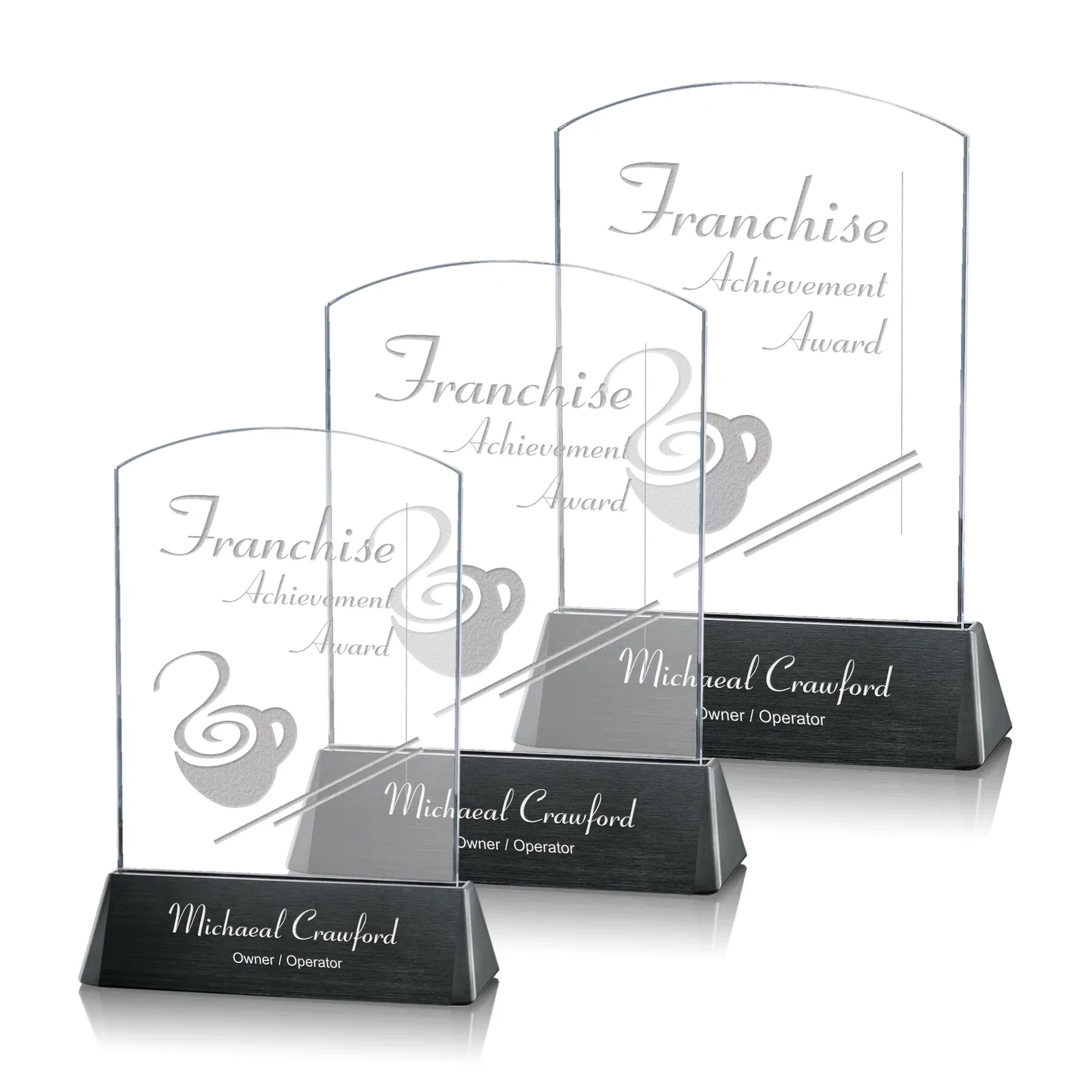 Custom Starfire Crystal Arch Award on a Black Aluminum Base, wood awards for retirement presentations