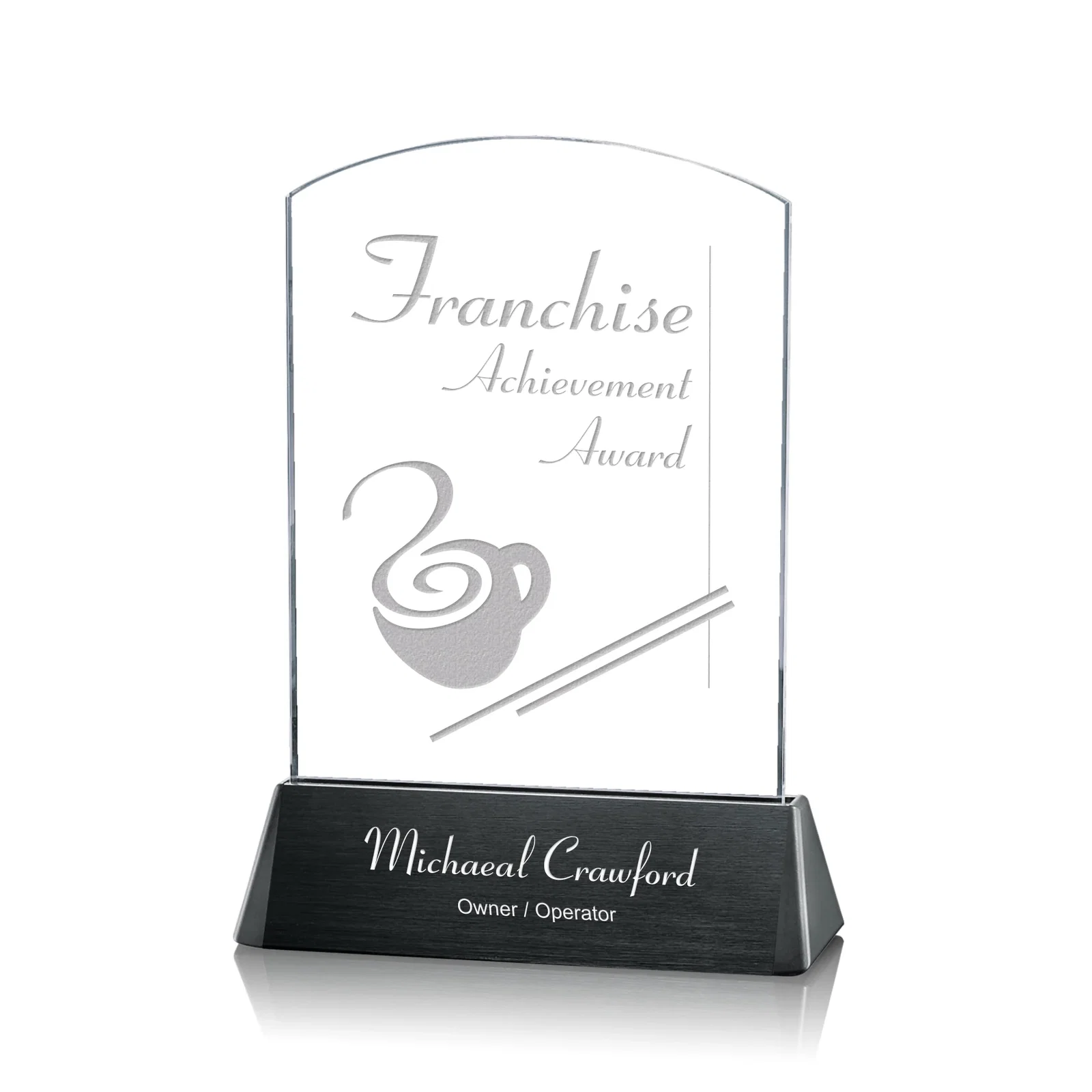 Custom Starfire Crystal Arch Award on a Black Aluminum Base, wood awards for team milestone celebrations