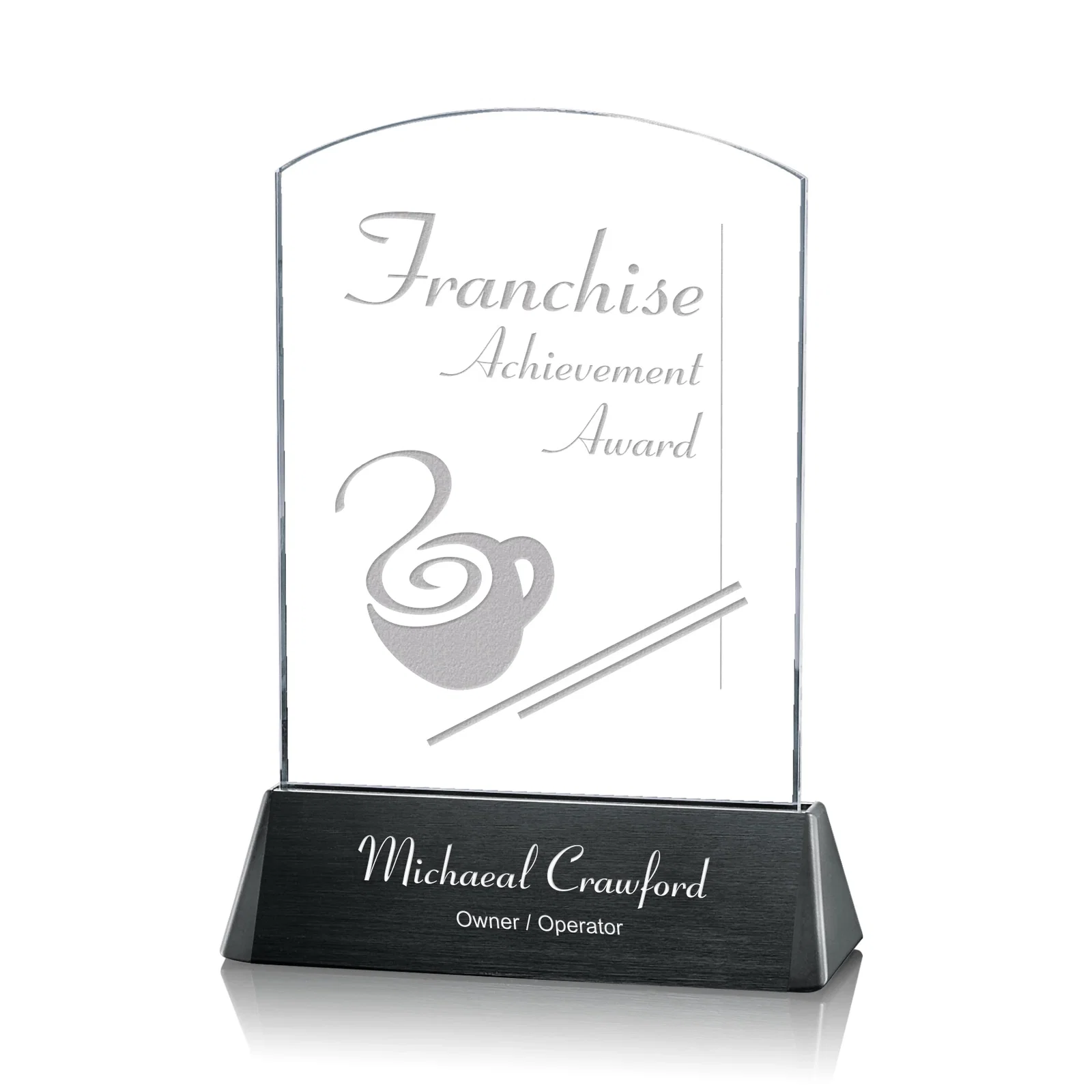 Custom Starfire Crystal Arch Award on a Black Aluminum Base, wood awards for donor appreciation