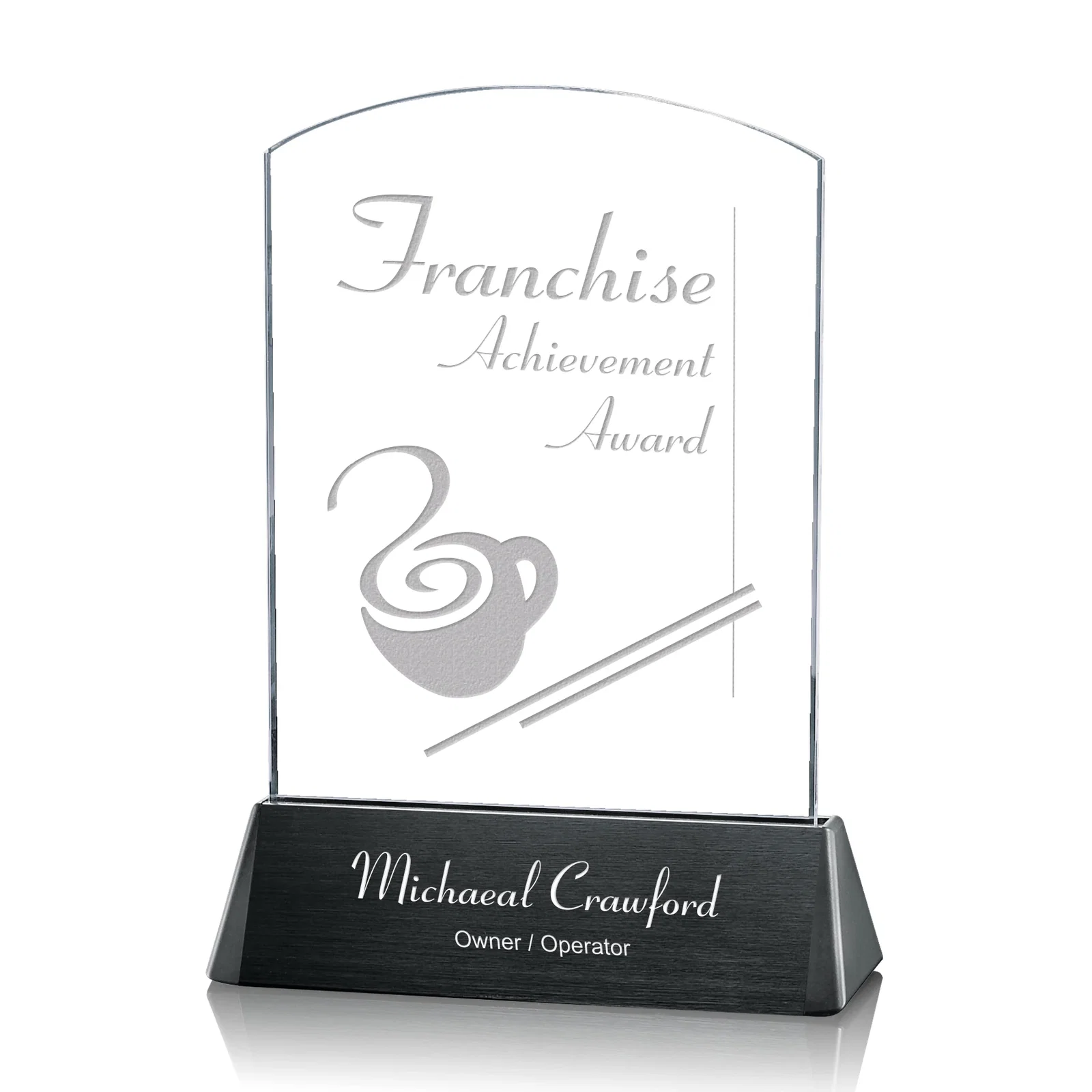 Custom Starfire Crystal Arch Award on a Black Aluminum Base, wood awards for graduation ceremonies
