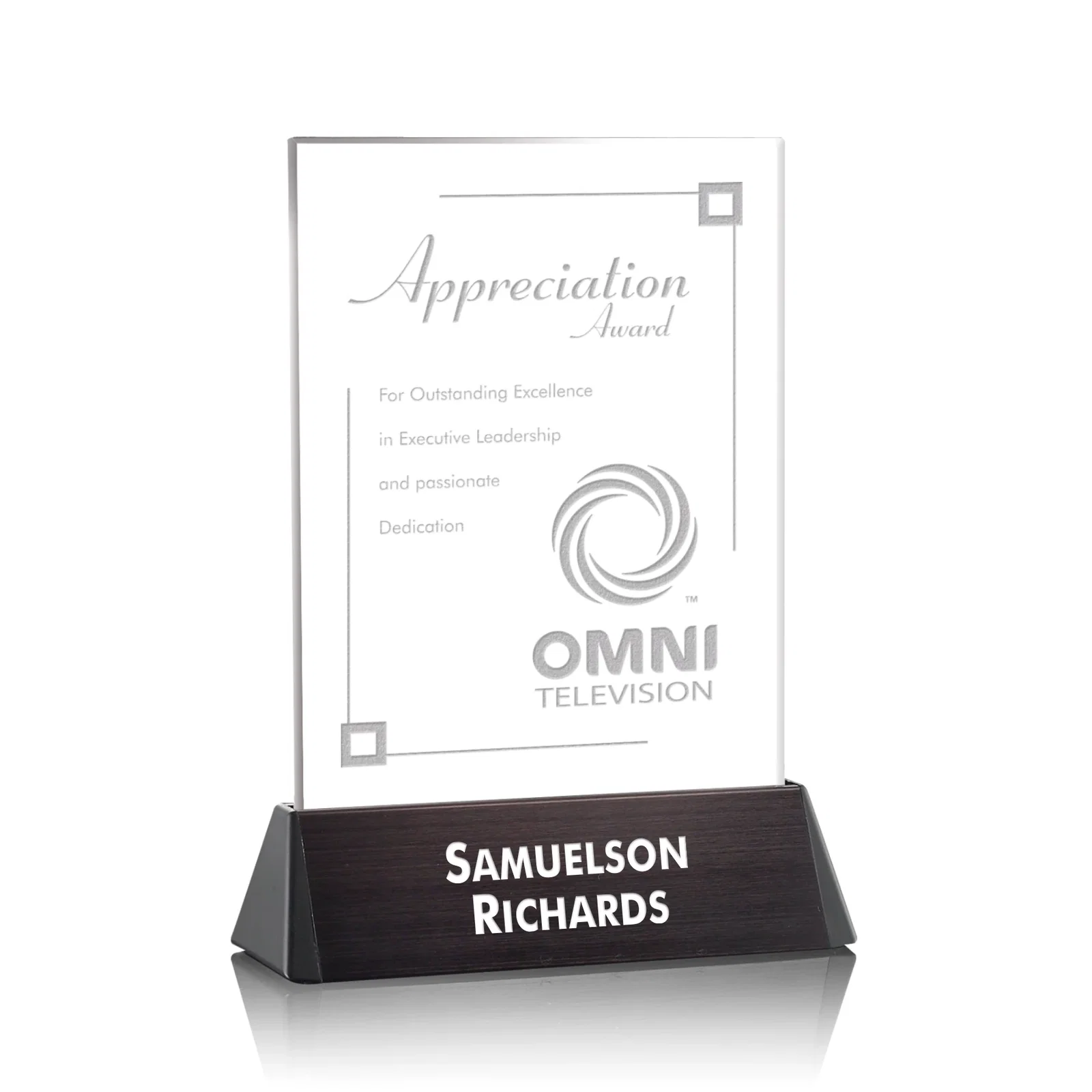 Custom Starfire Crystal Rectangle Award on a Black Aluminum Base, wood awards for company anniversary events
