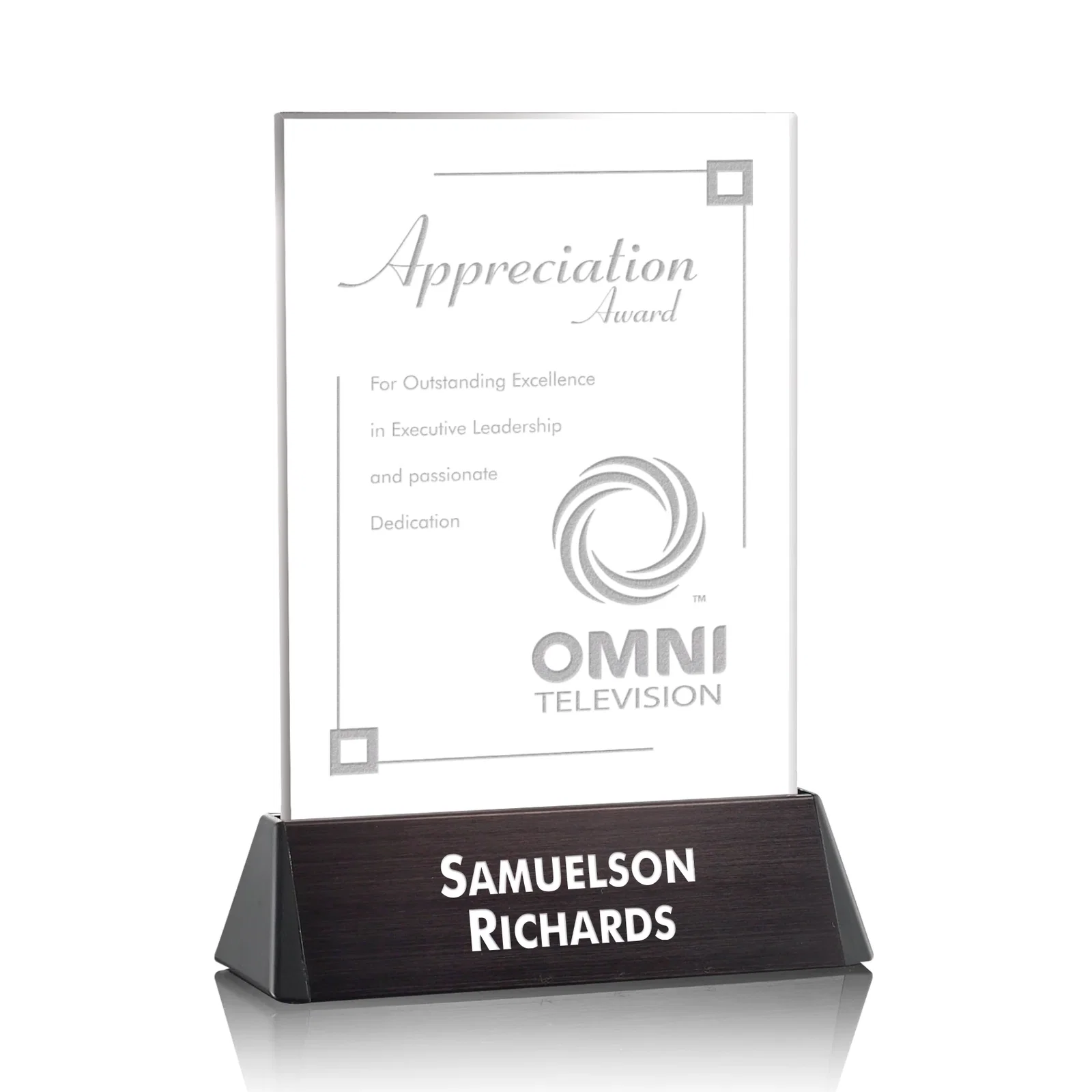 Personalized Starfire Crystal Rectangle Award on a Black Aluminum Base, wood awards for employee recognition