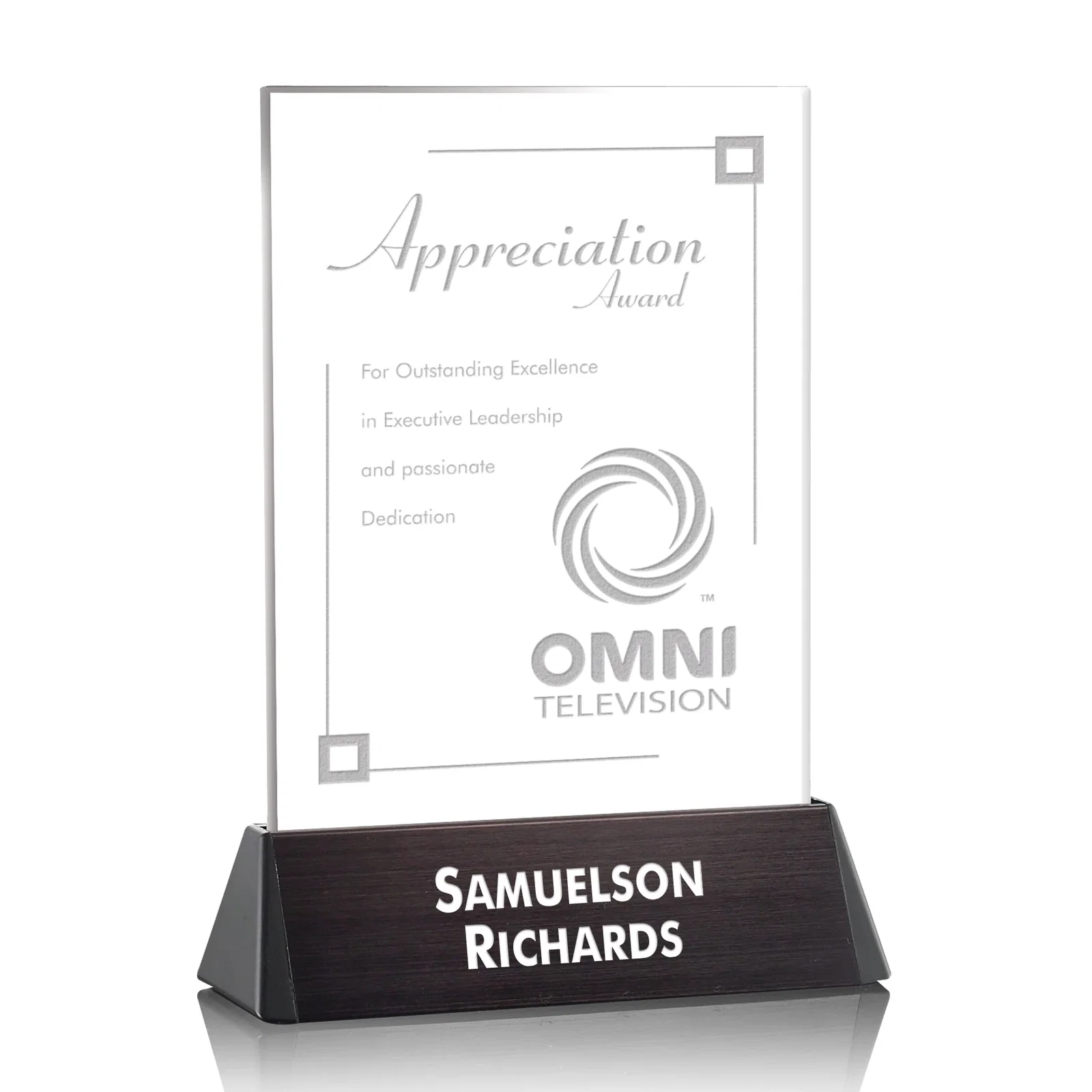 Personalized Starfire Crystal Rectangle Award on a Black Aluminum Base, wood awards for corporate award ceremonies