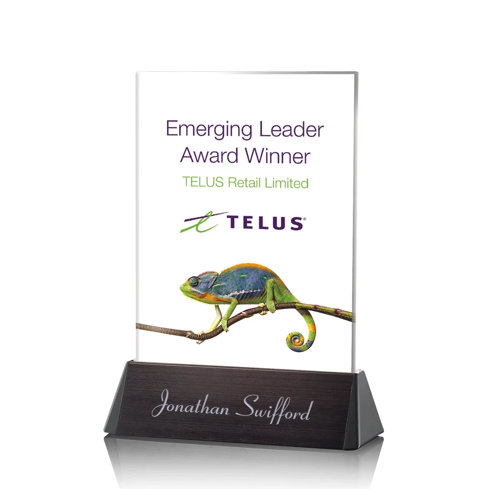 Custom Starfire Crystal Rectangle Award on a Black Aluminum Base, wood awards for sales achievement awards