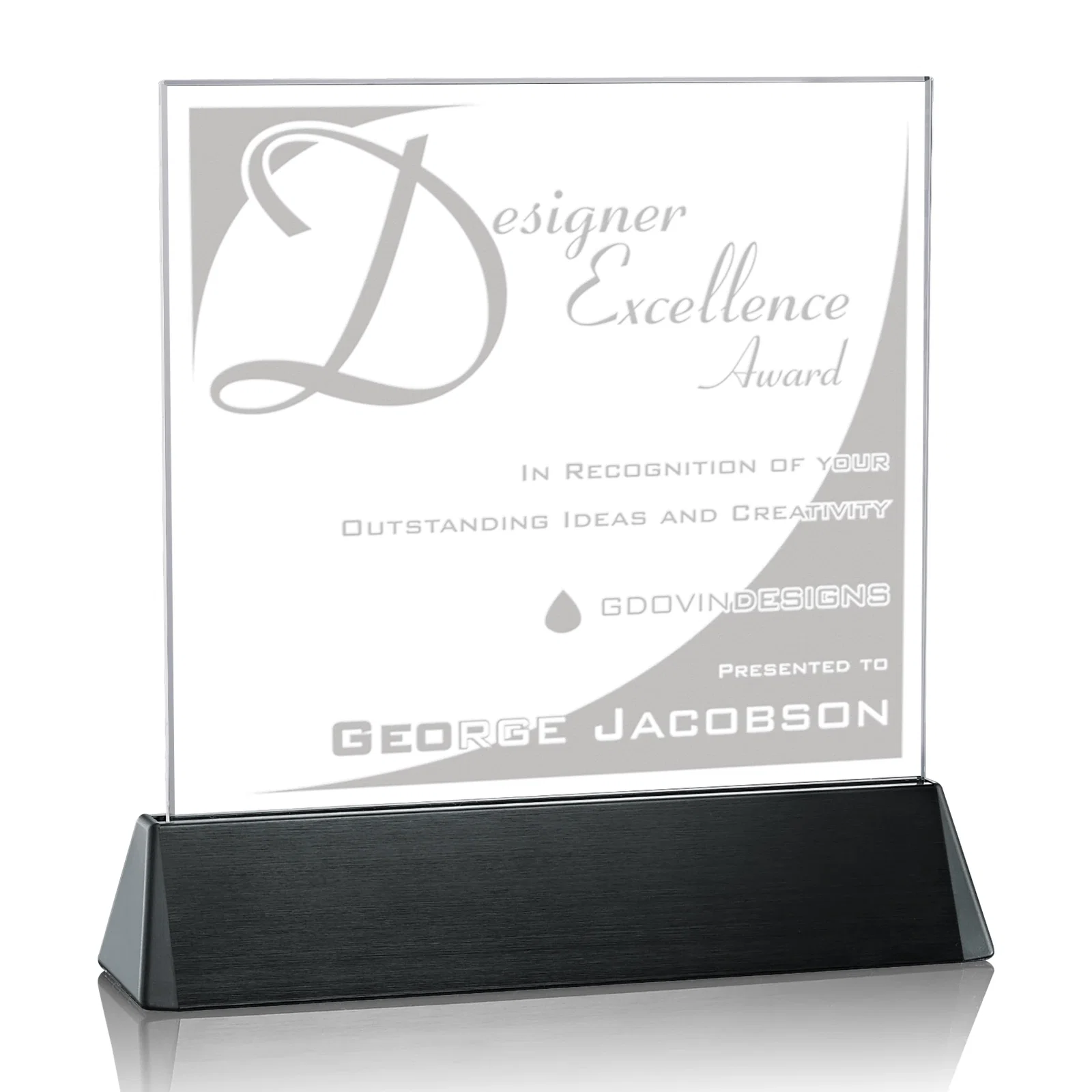Custom Starfire Crystal Square Award on a Black Aluminum Base, wood awards for volunteer appreciation