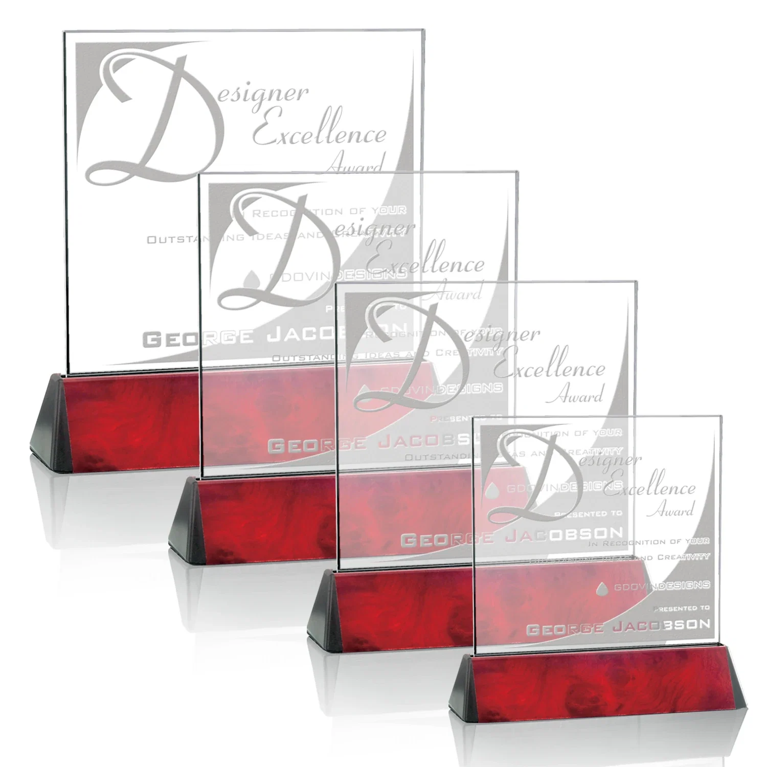 Custom Starfire Crystal Square Award on a Black Aluminum Base, wood awards for dealer and partner awards