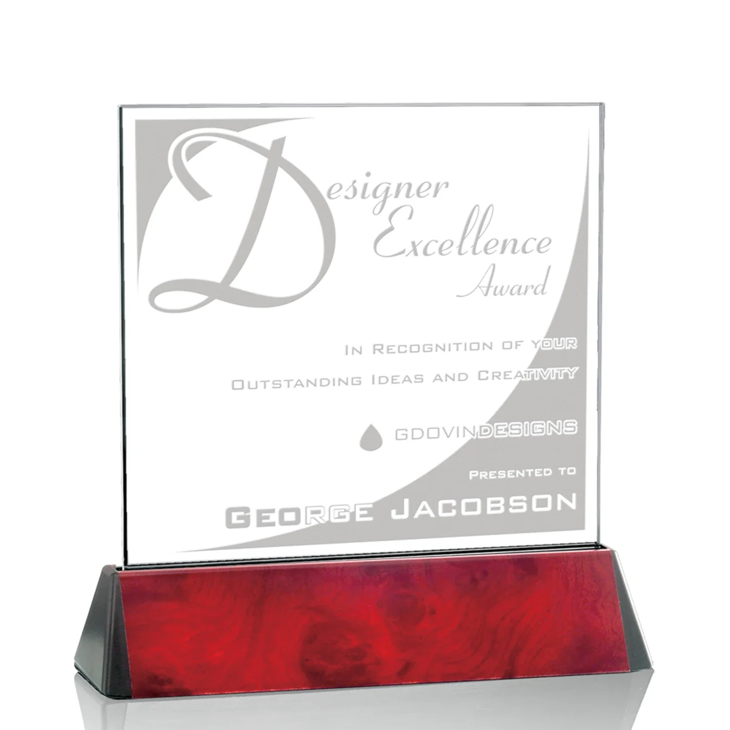 Custom Starfire Crystal Square Award on a Black Aluminum Base, wood awards for company anniversary events