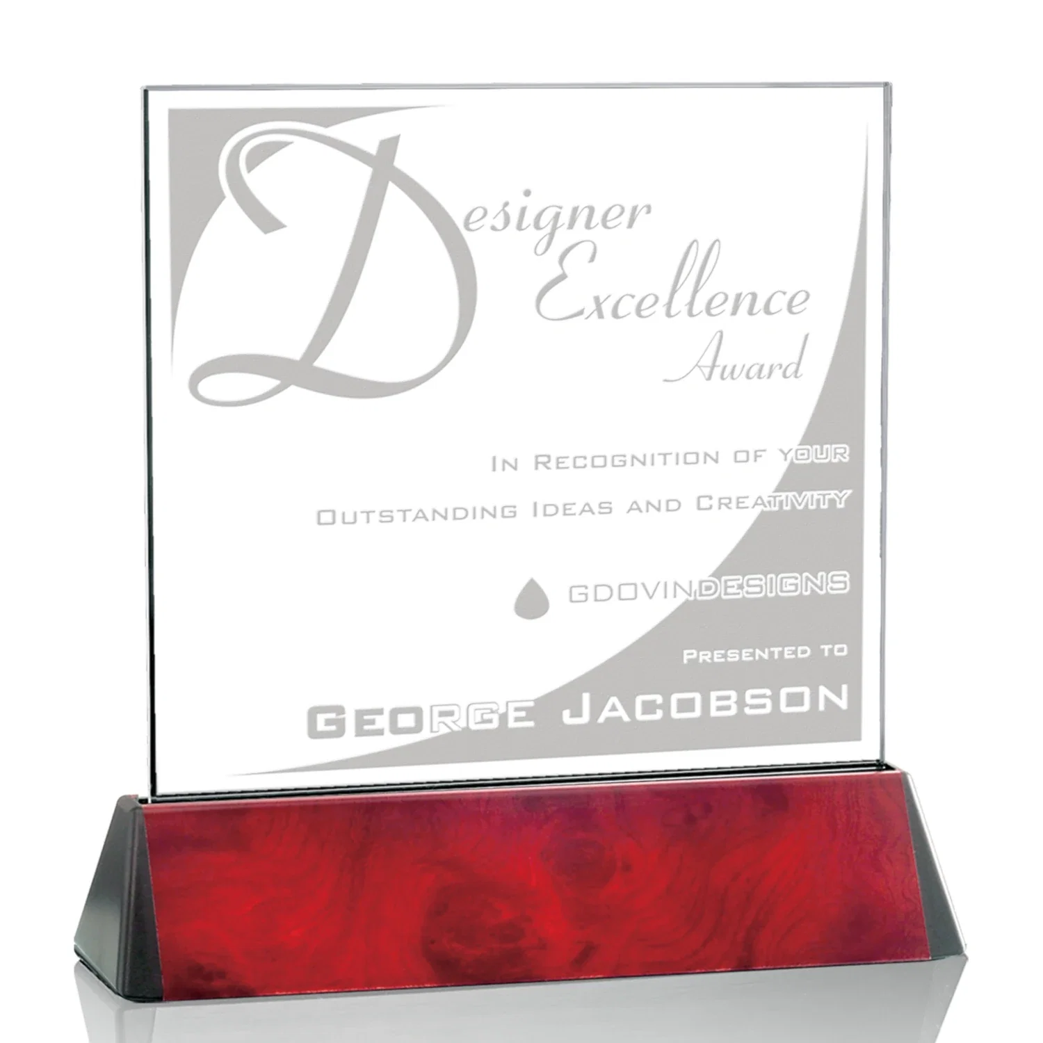 Personalized Starfire Crystal Square Award on a Black Aluminum Base, wood awards for employee recognition