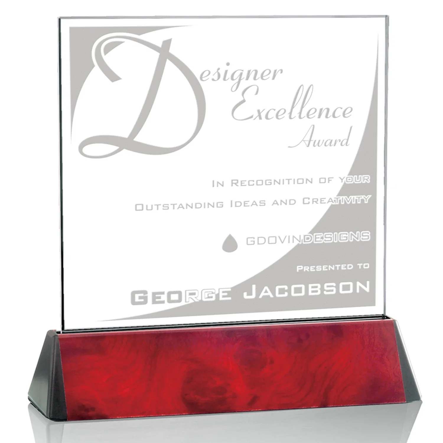 Personalized Starfire Crystal Square Award on a Black Aluminum Base, wood awards for corporate award ceremonies
