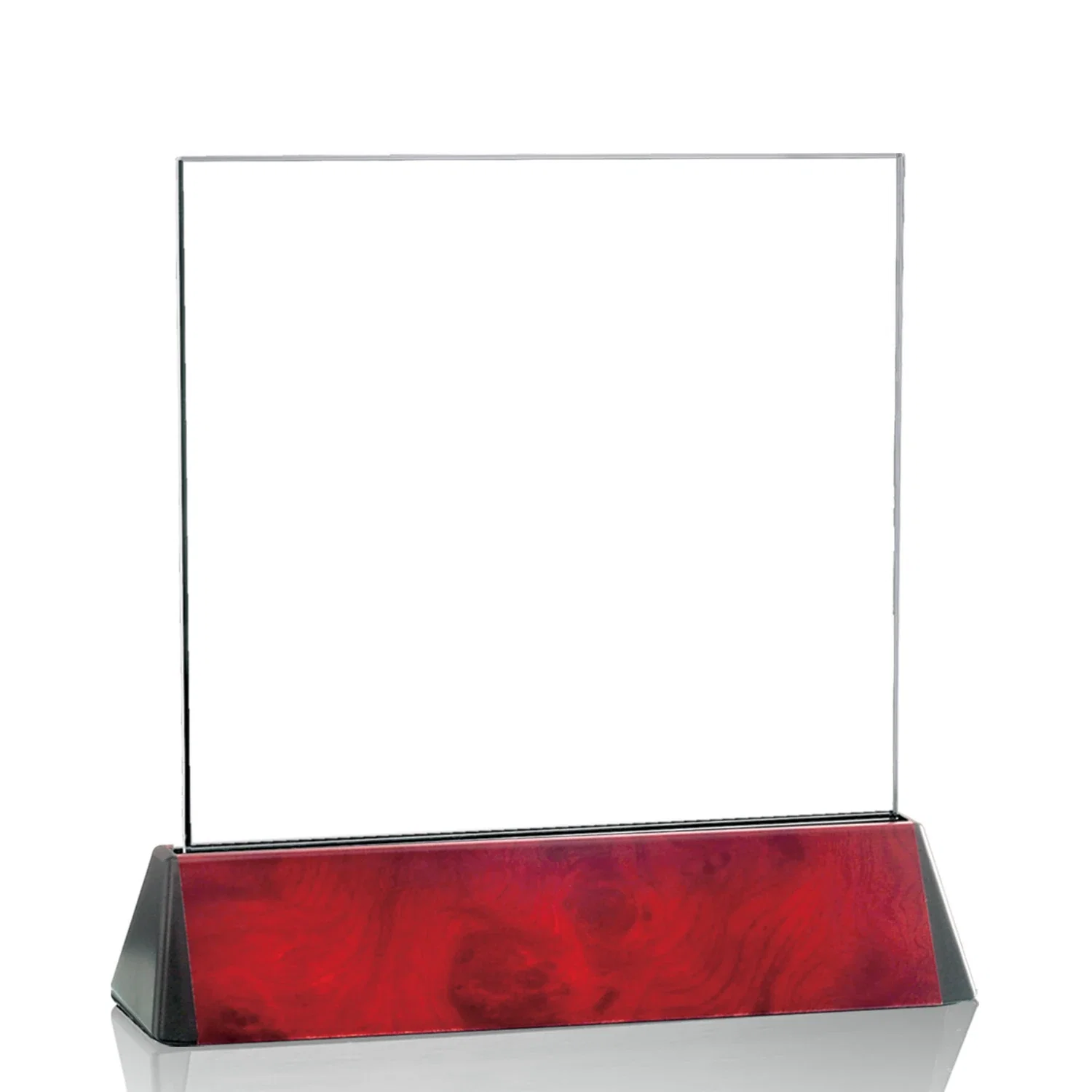 Personalized Starfire Crystal Square Award on a Black Aluminum Base, wood awards for donor appreciation
