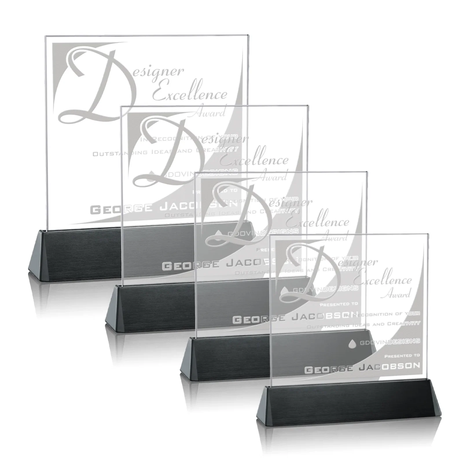 Custom Starfire Crystal Square Award on a Black Aluminum Base, wood awards for team milestone celebrations